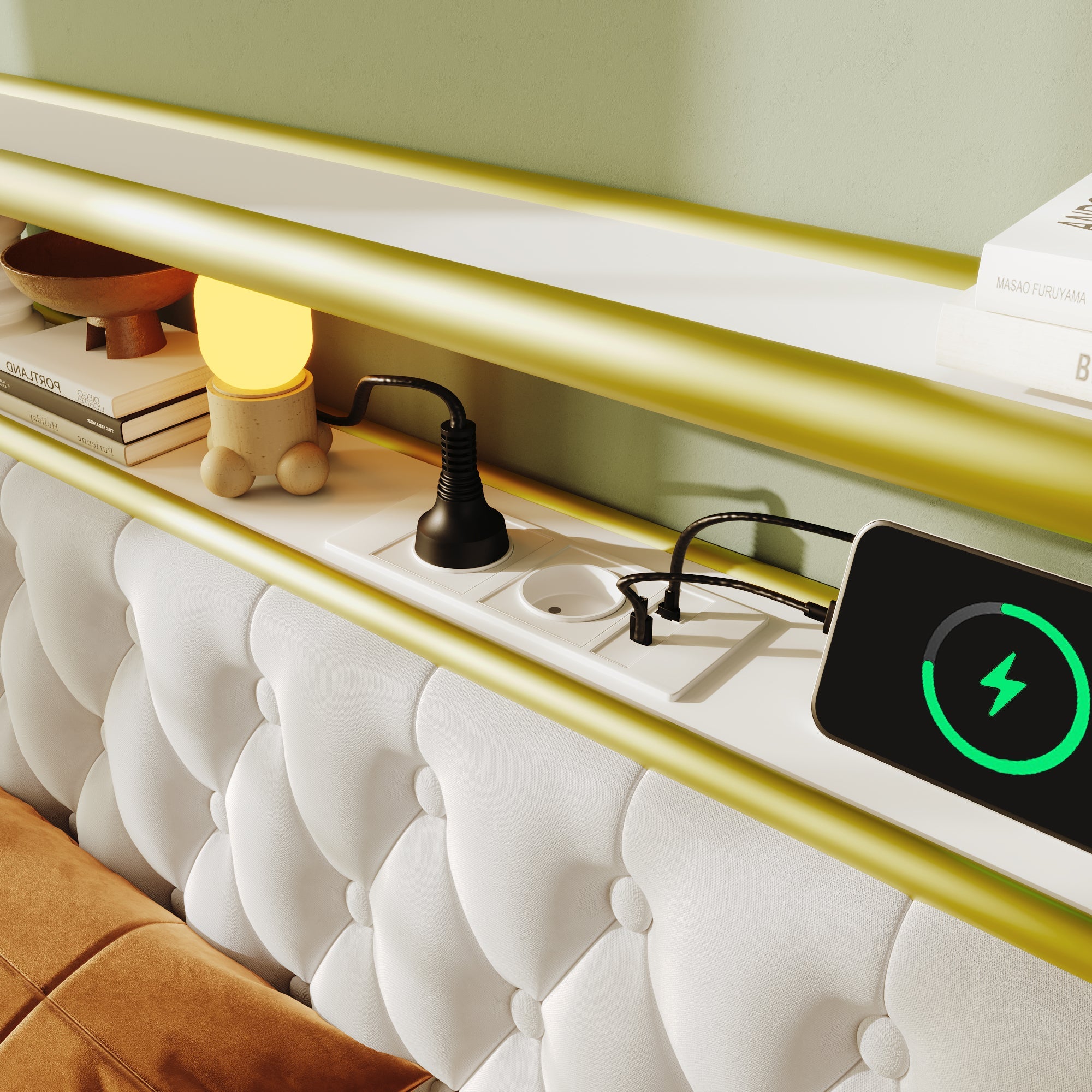 Logidon gestoffeerd bed 140x200 wit fluweel USB Type C oplaadfunctie