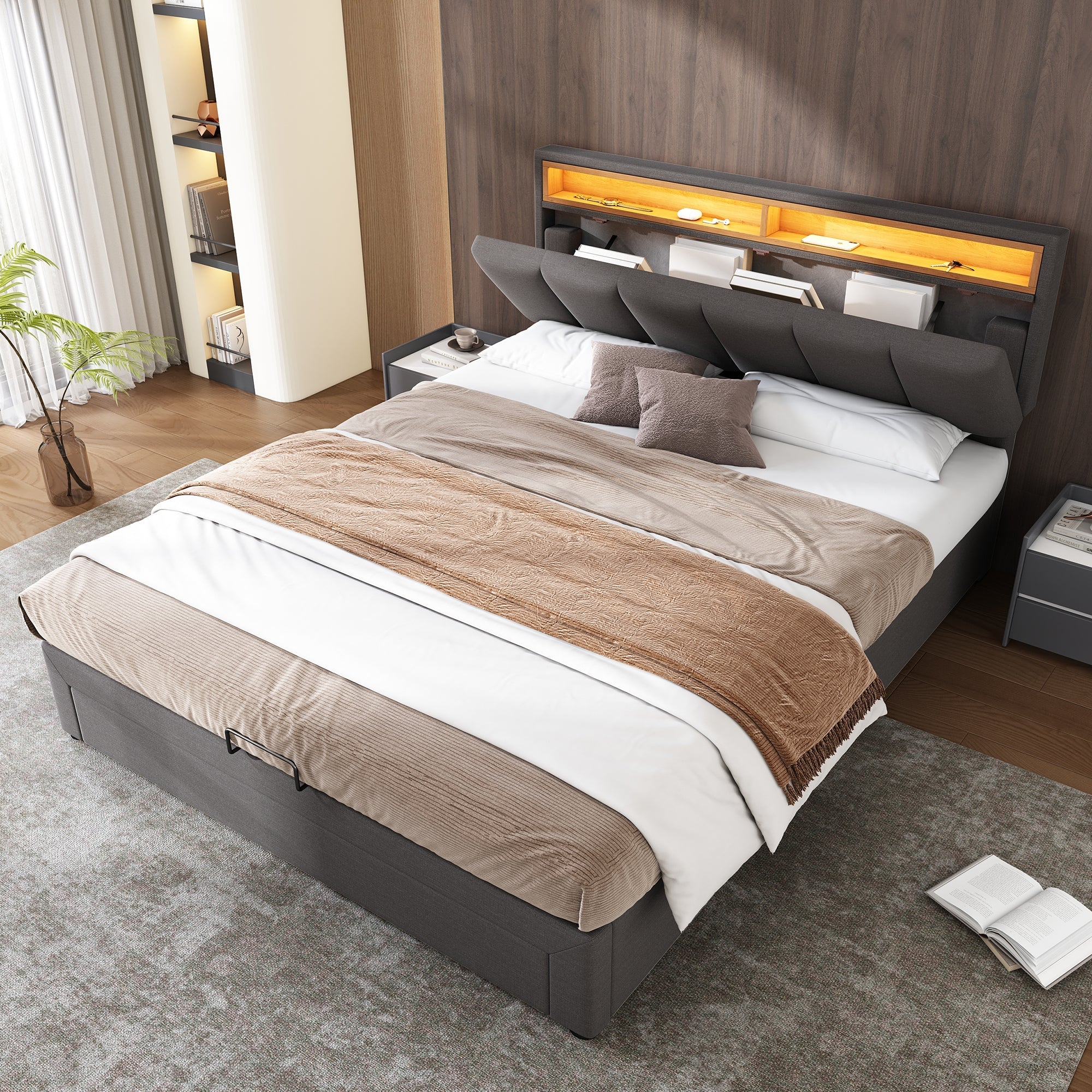 Logidon gestoffeerd bed 140x200 grijs met LED verlichting en opbergruimte