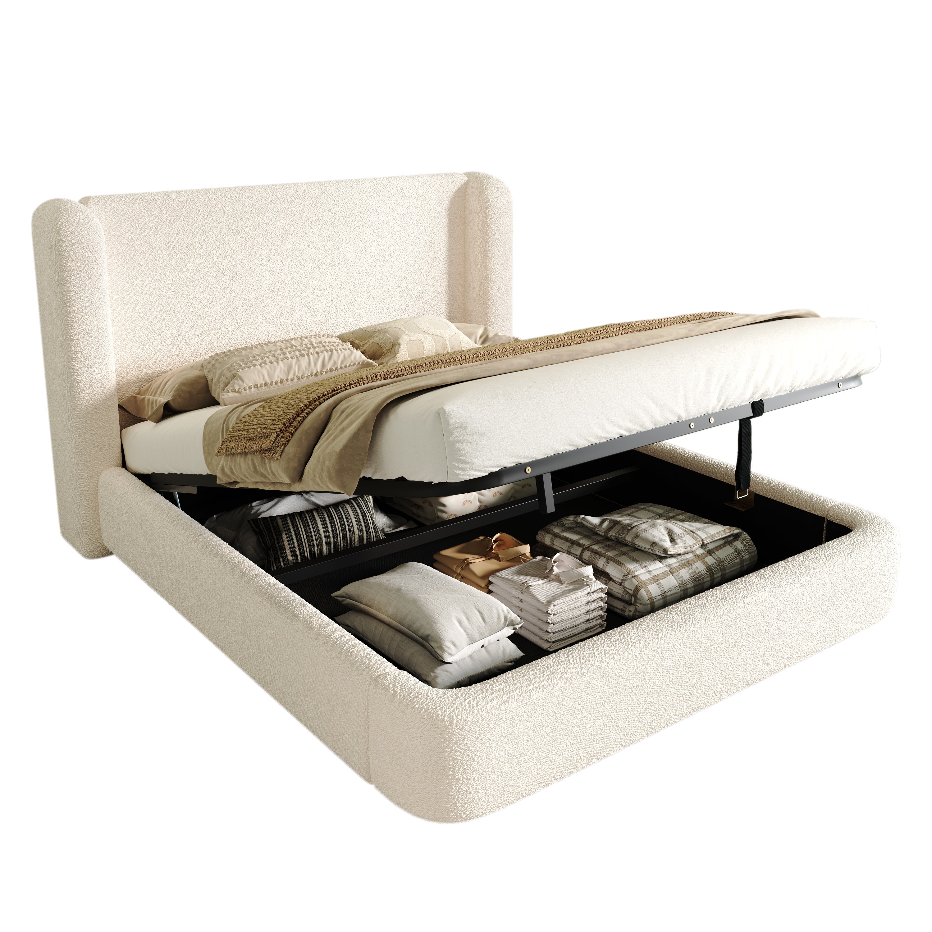 Logidon gestoffeerd bed tweepersoonsbed 160x200 beige bouclé met opbergruimte