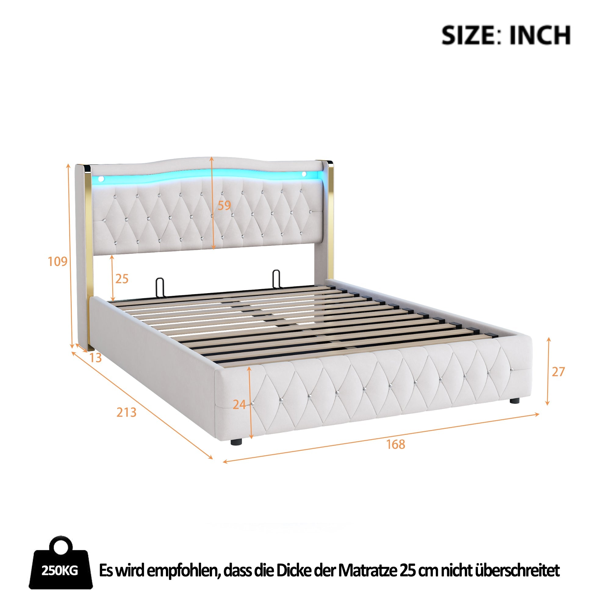 Logidon stoffen bed 160x200 beige fluweel LED-opbergruimte