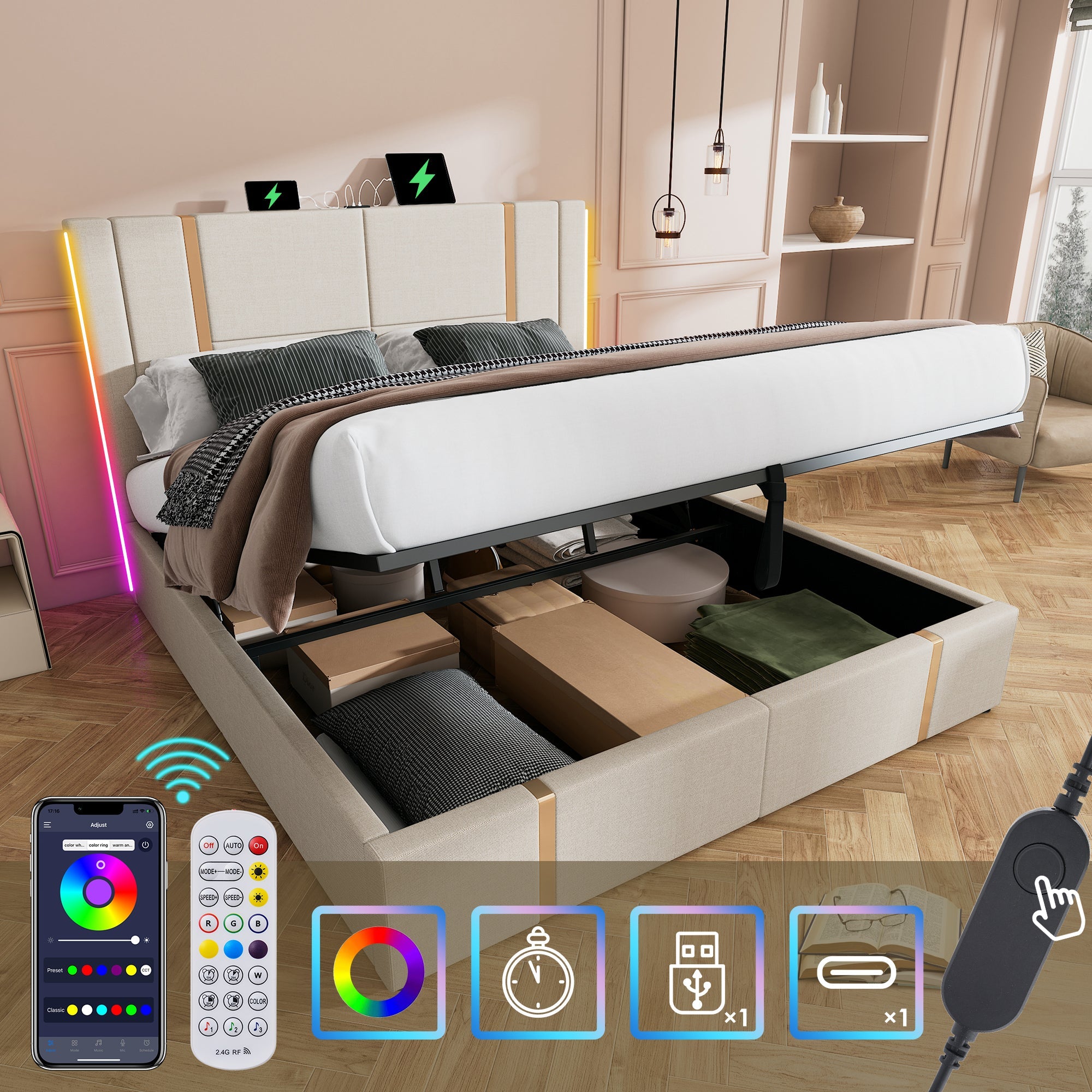 Logidon upholstered bed double bed 180x200 USB-C charging function beige storage space