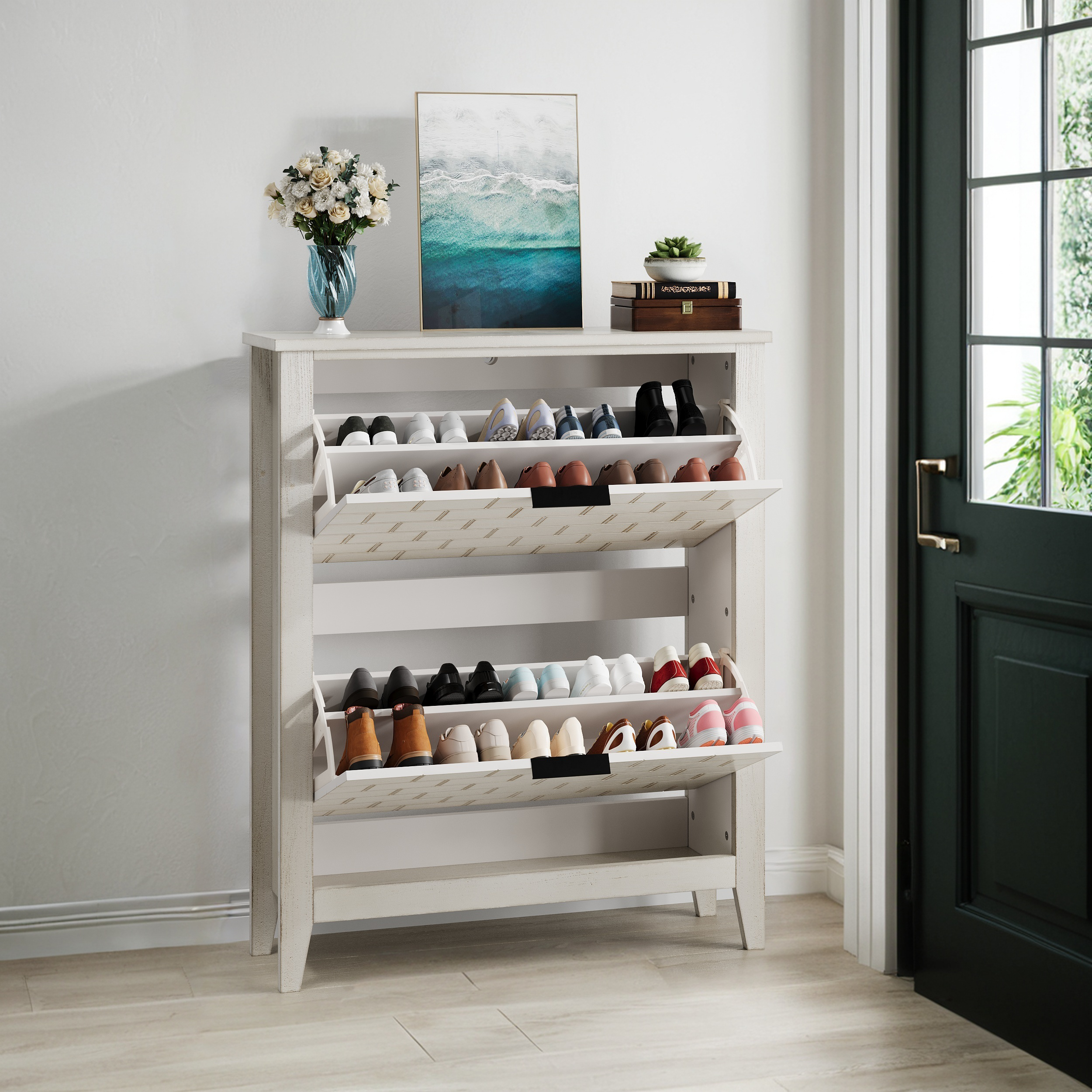 Logidon 80 cm vintage schoenenkast wit met 2 inklapbare lades