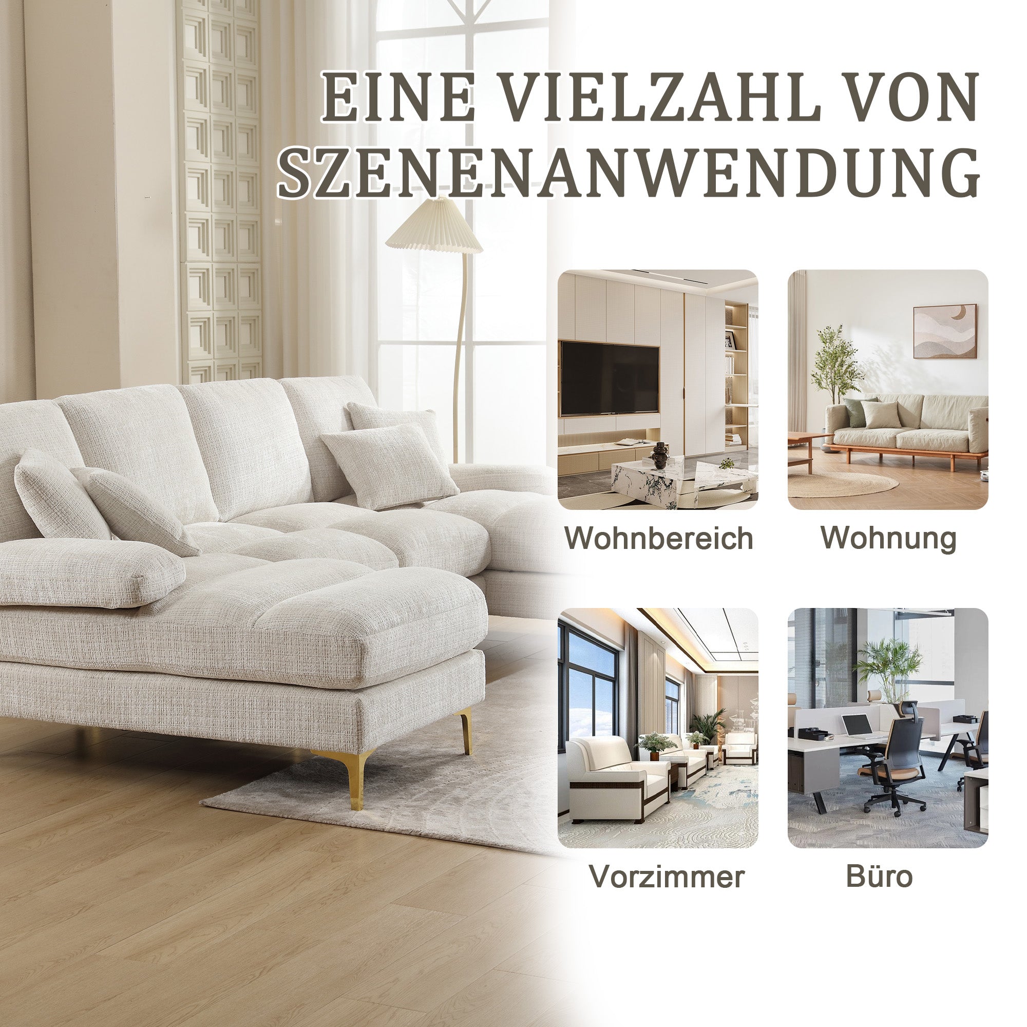 Logidon Modern Chenille U-Shape Sectional Sofa Beige Double Lounger