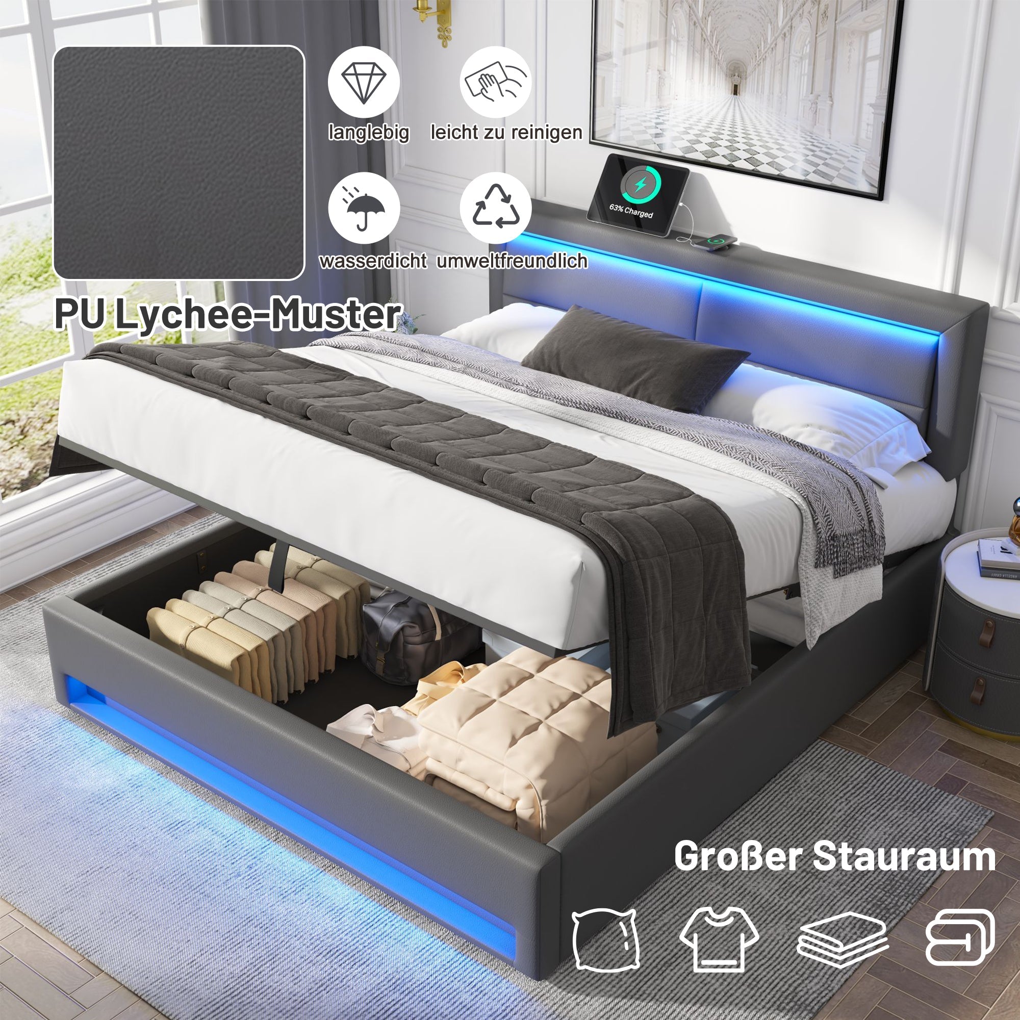 Logidon gestoffeerd bed 160x200 cm grijs met USB oplaadpunten LED verlichting