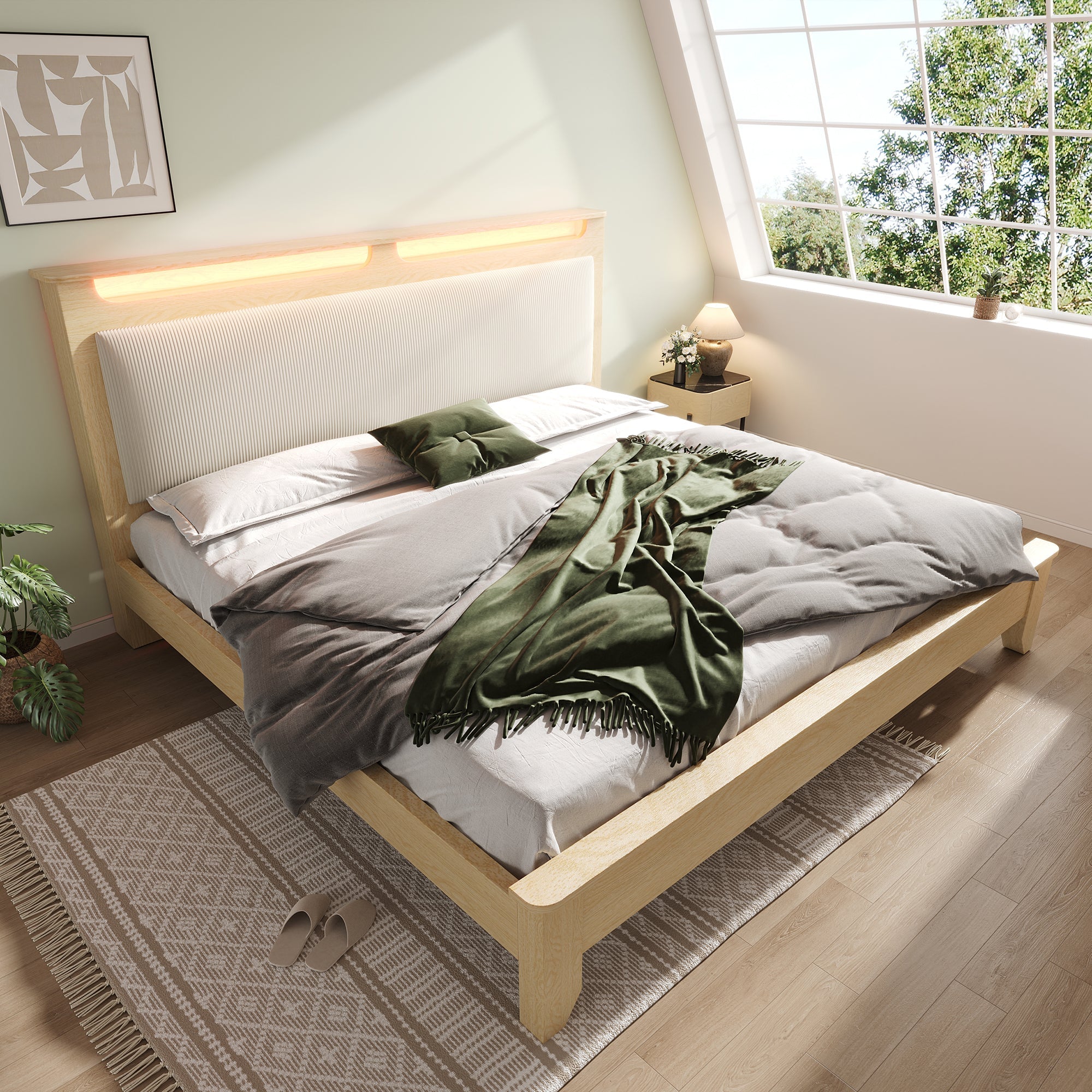 Logidon double bed 140x200 cm beige LED lighting headboard storage space