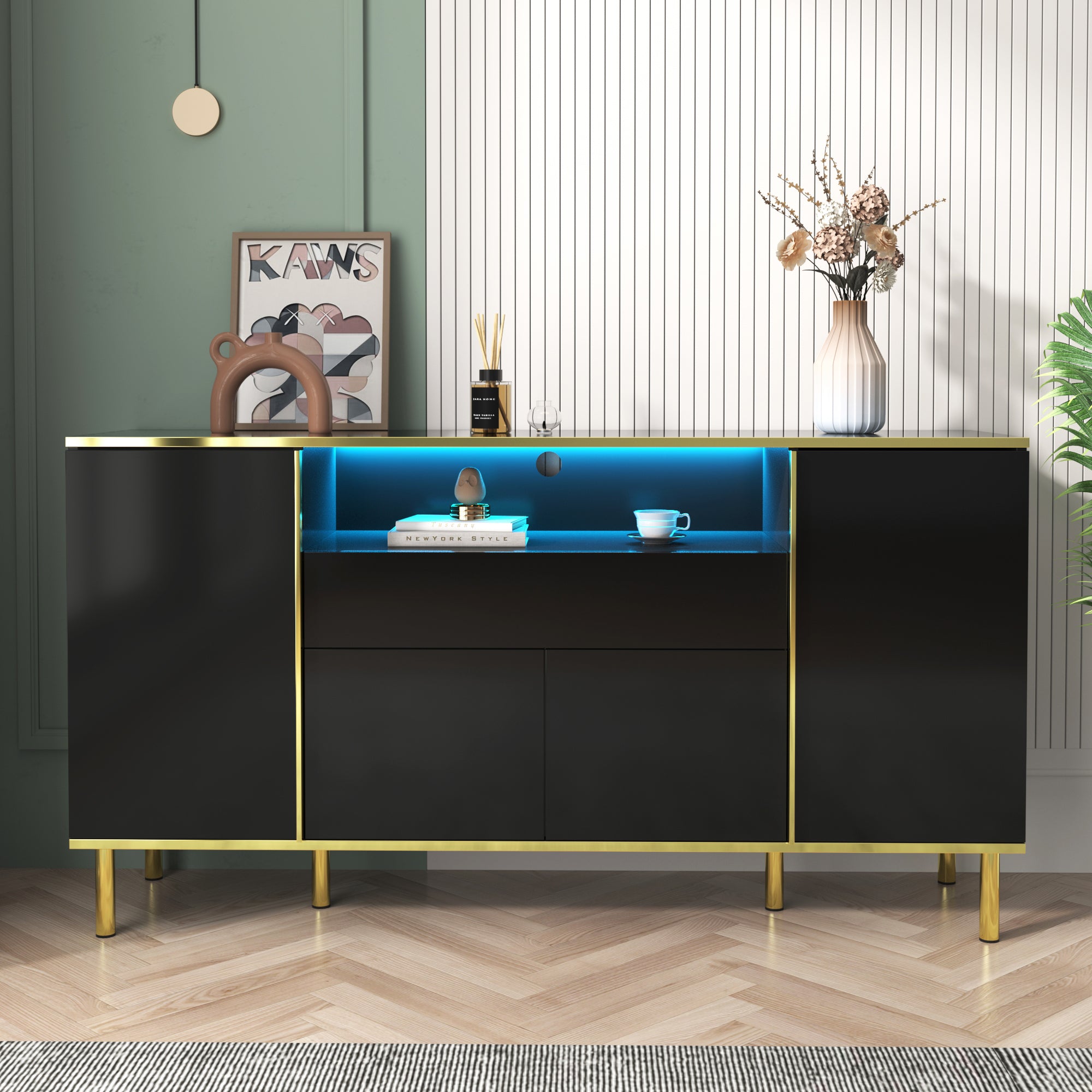 Logidon high-gloss sideboard black 150x40x80 with LED accents