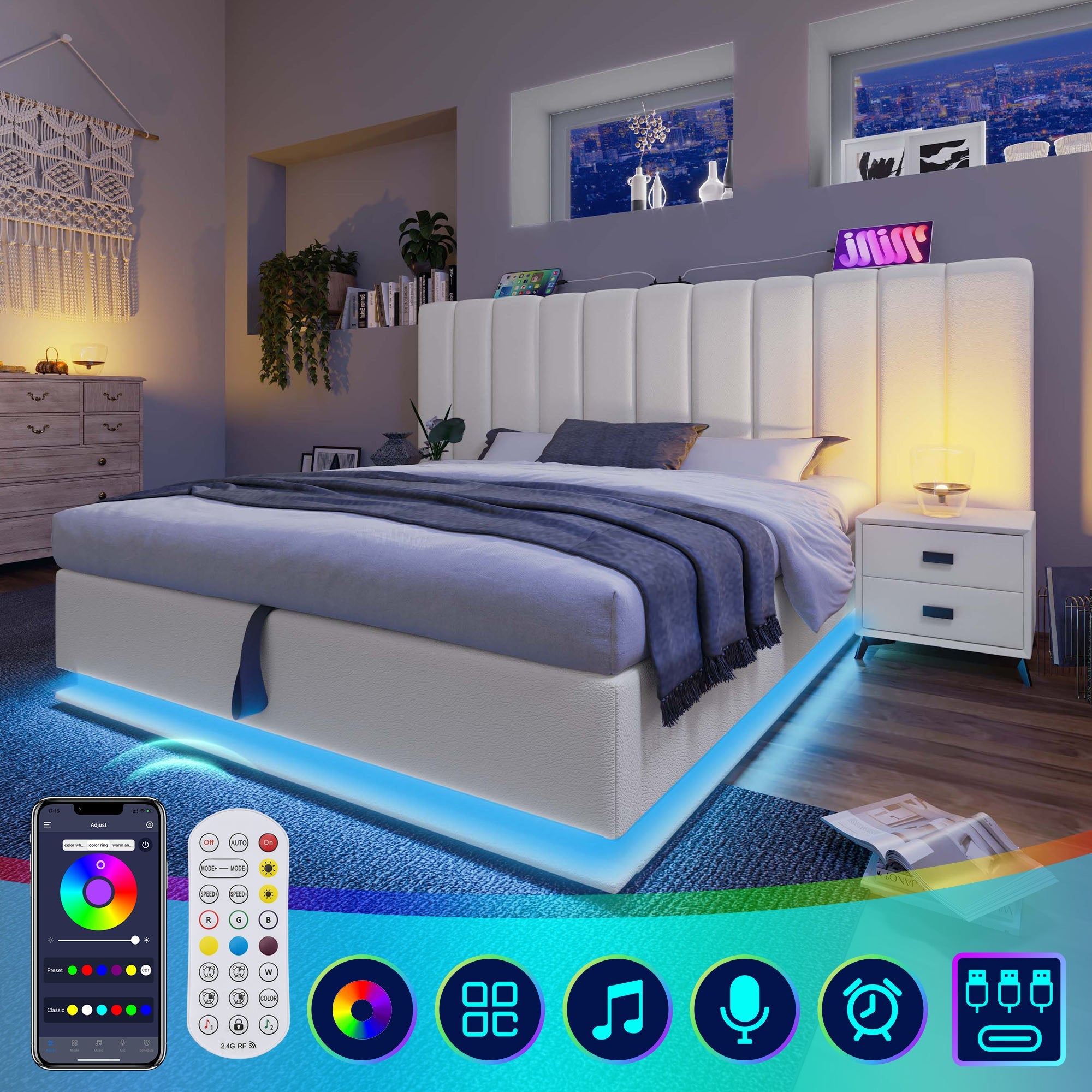 Logidon gestoffeerd bed 160x200 wit app bediening LED USB oplaadfunctie