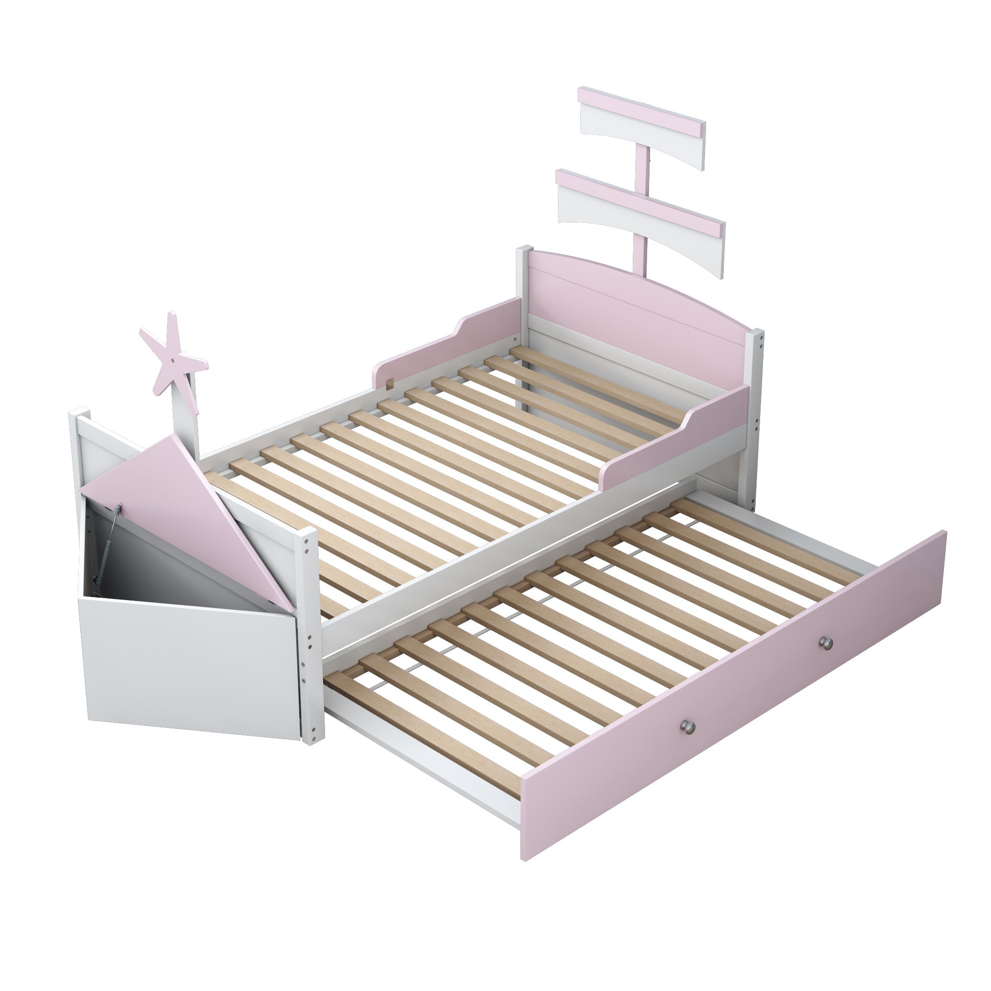Logidon kinderbed hout roze zeilbootvorm 90x200 met uitschuifbaar bed