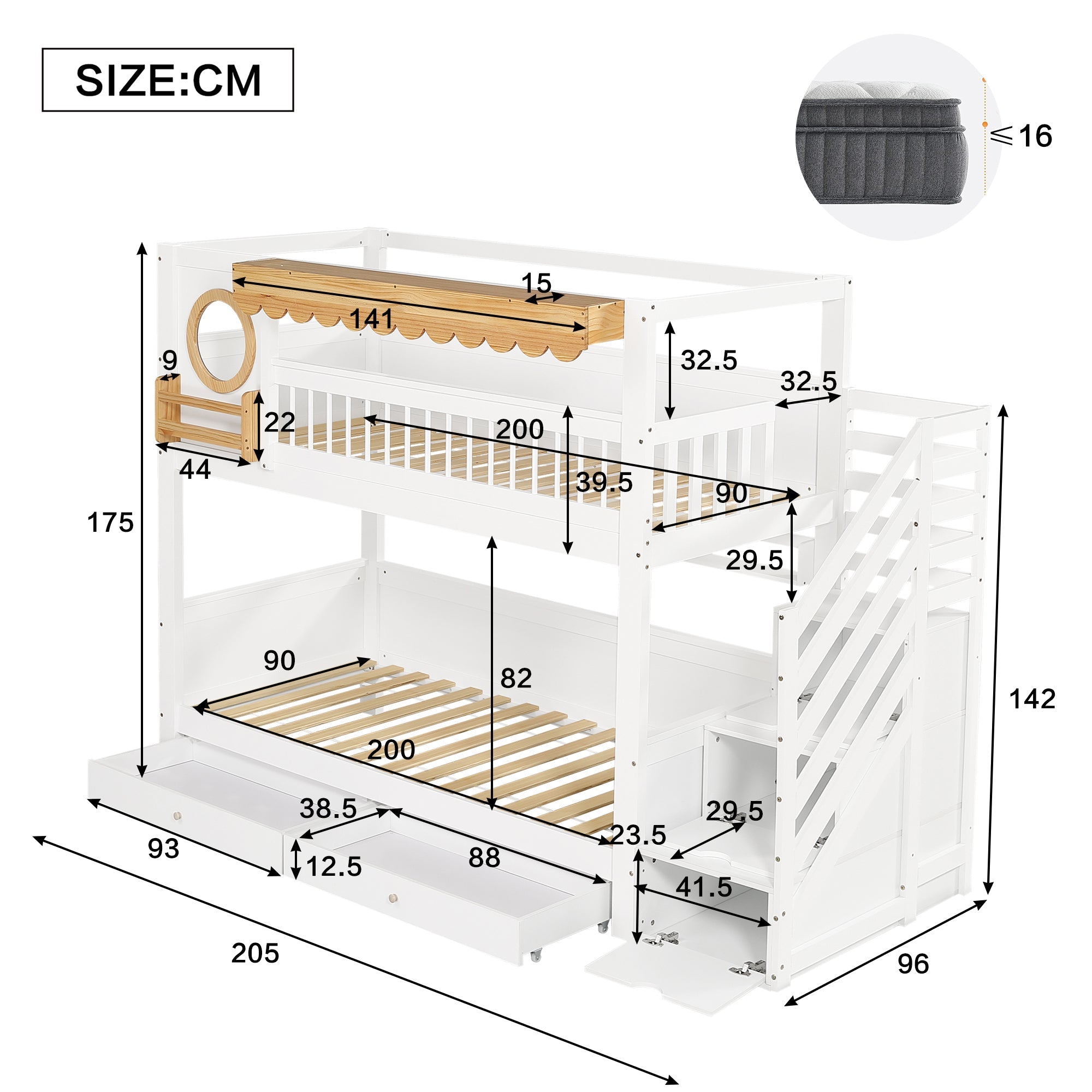 Logidon stapelbed 90x200 cm wit-naturel met trapkast
