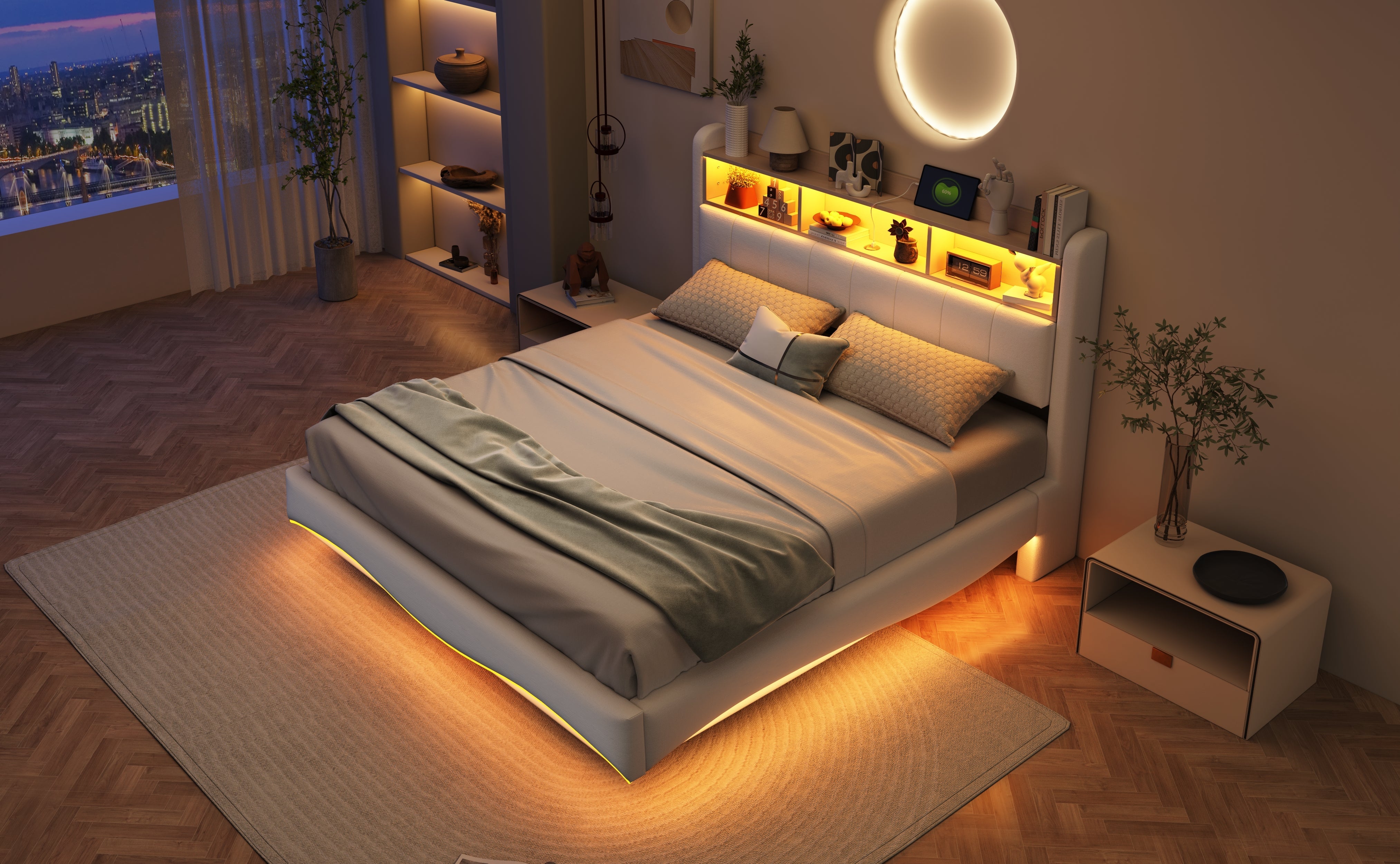 Logidon hangend gestoffeerd bed 160x200 beige met LED-licht USB C