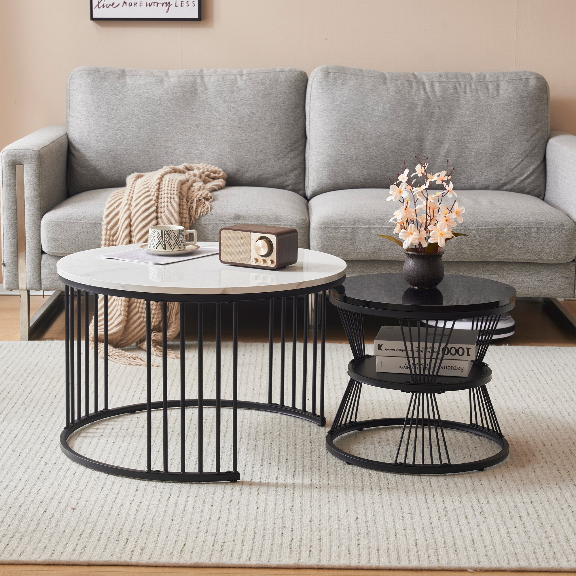 Logidon Moderne Nesting Salontafel Set van 2 Hoogglans Blad Zwart