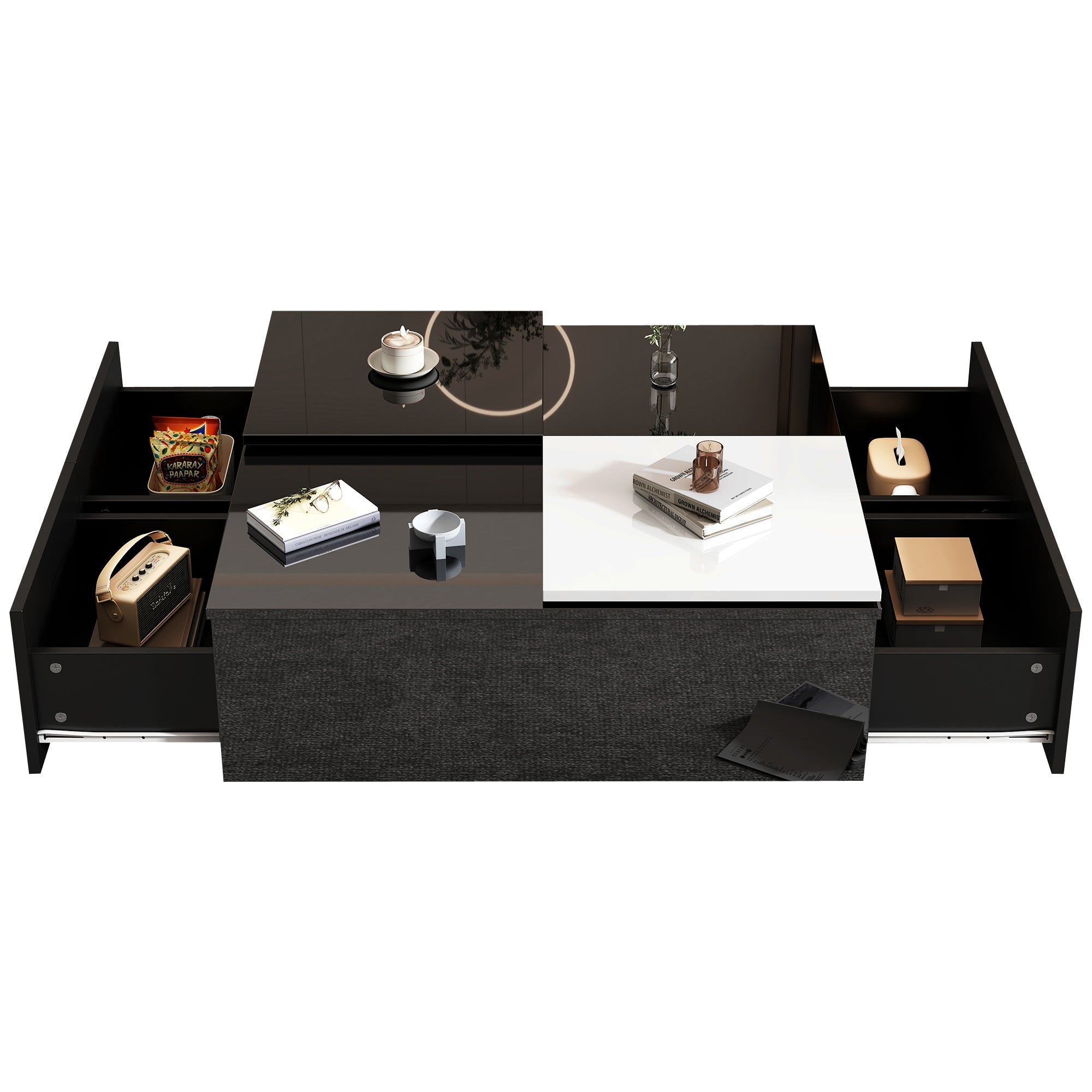 Logidon Hoogglans Salontafel Zwart Wit 75x75 Cm Met 4 Laden