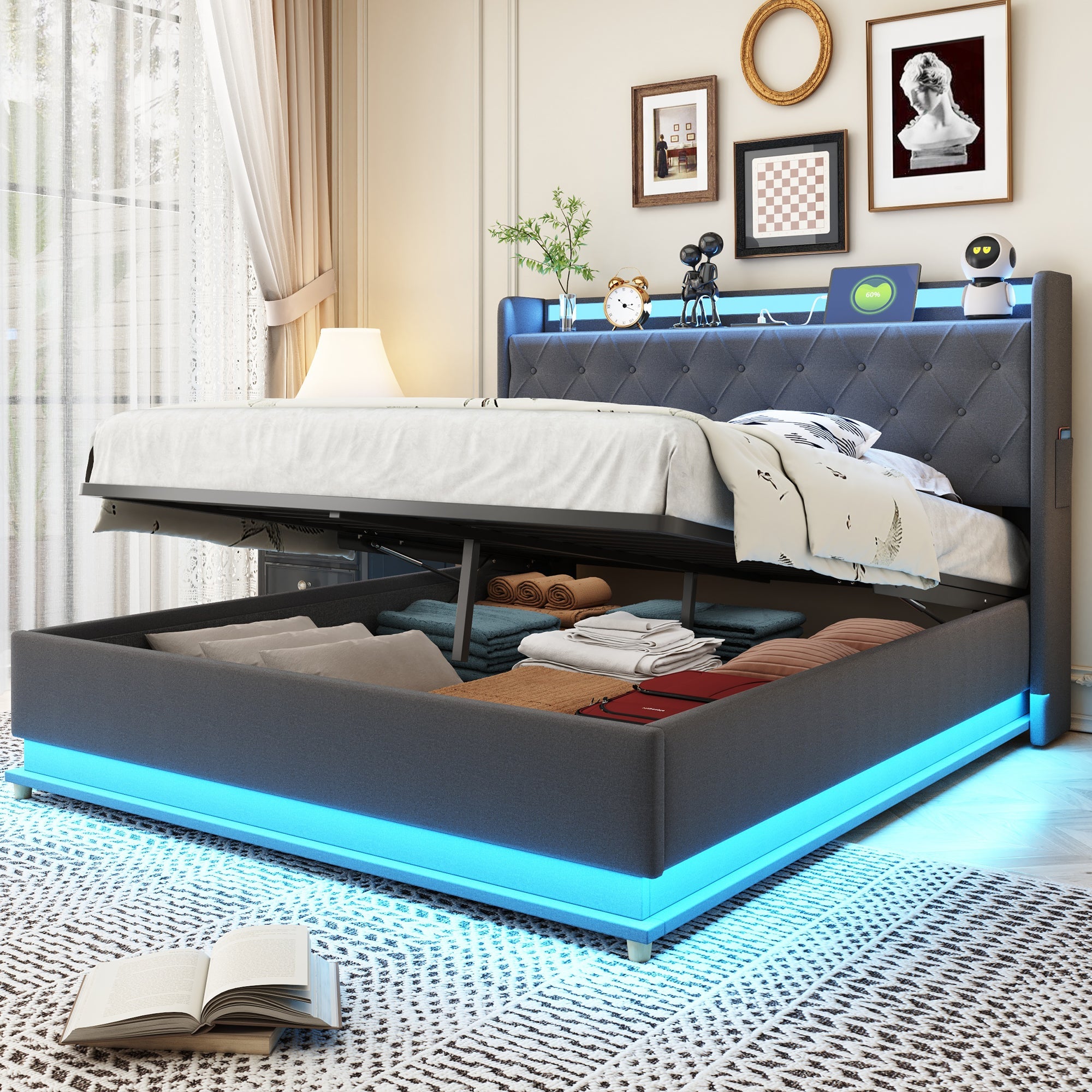 Logidon LED gestoffeerd bed 140x200 grijs met USB-oplaadpoort opbergruimte
