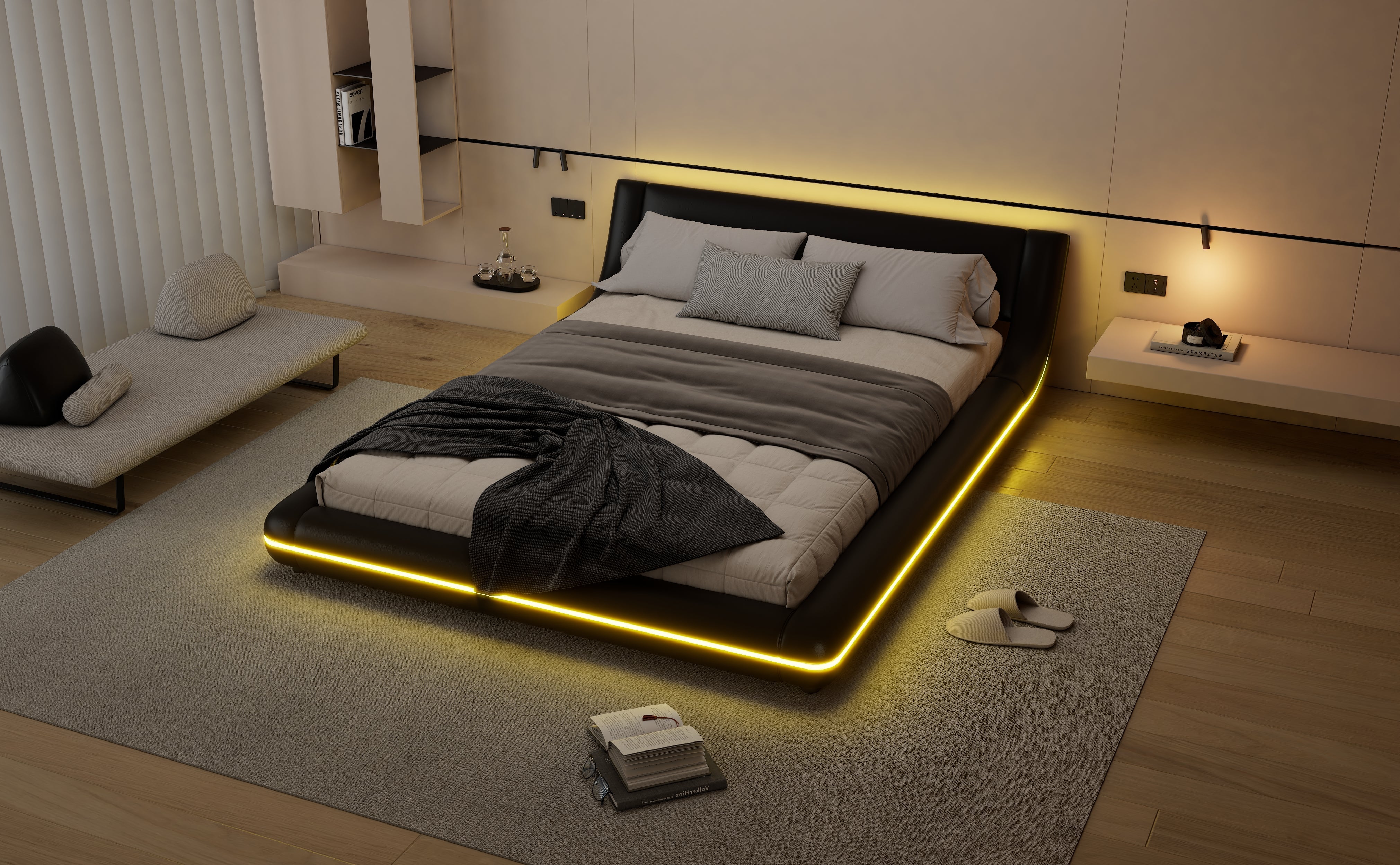 Logidon flat bed 140x200 cm faux leather black LED lighting