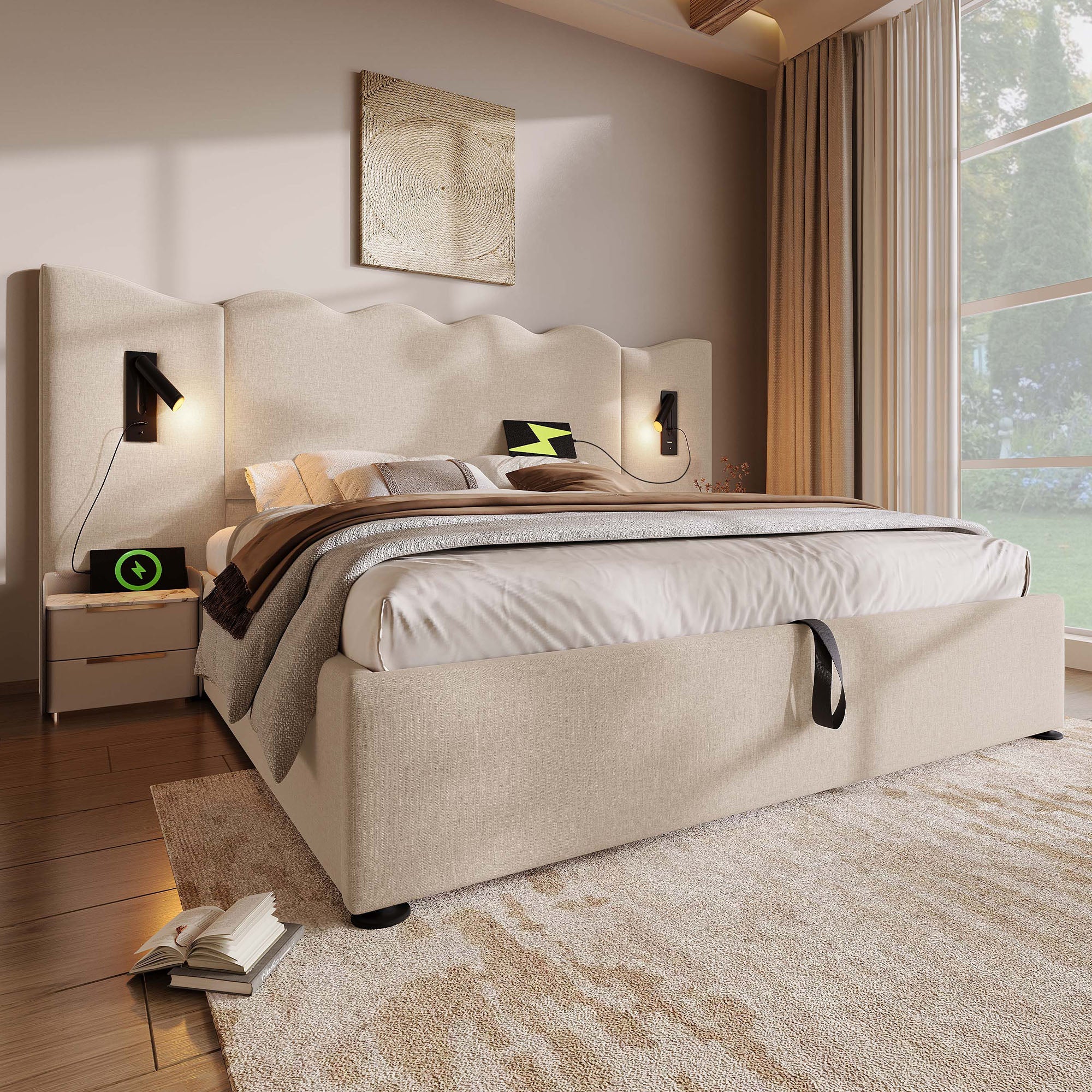 Logidon upholstered bed double bed 180x200 reading lamp USB C beige linen