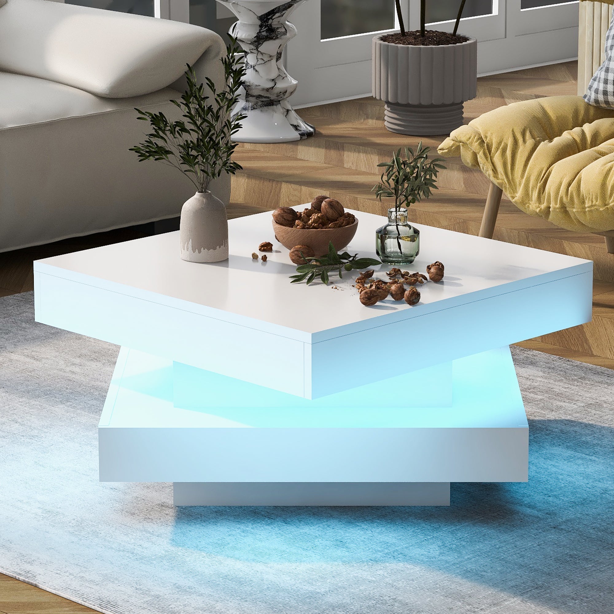 Logidon witte hoogglans salontafel 70x70x36 cm met draaiplaat en 16-kleuren LED