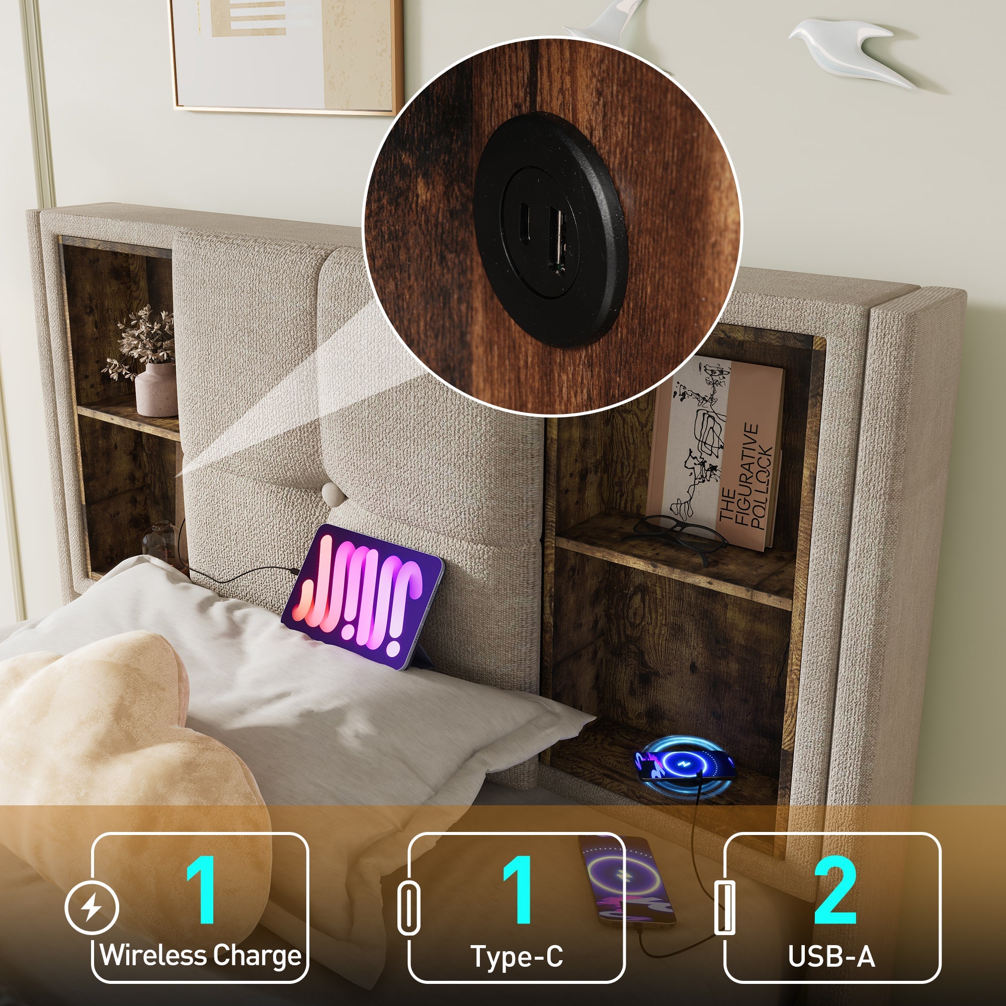 Logidon single bed 90x200 with wireless charging USB-C and storage space
