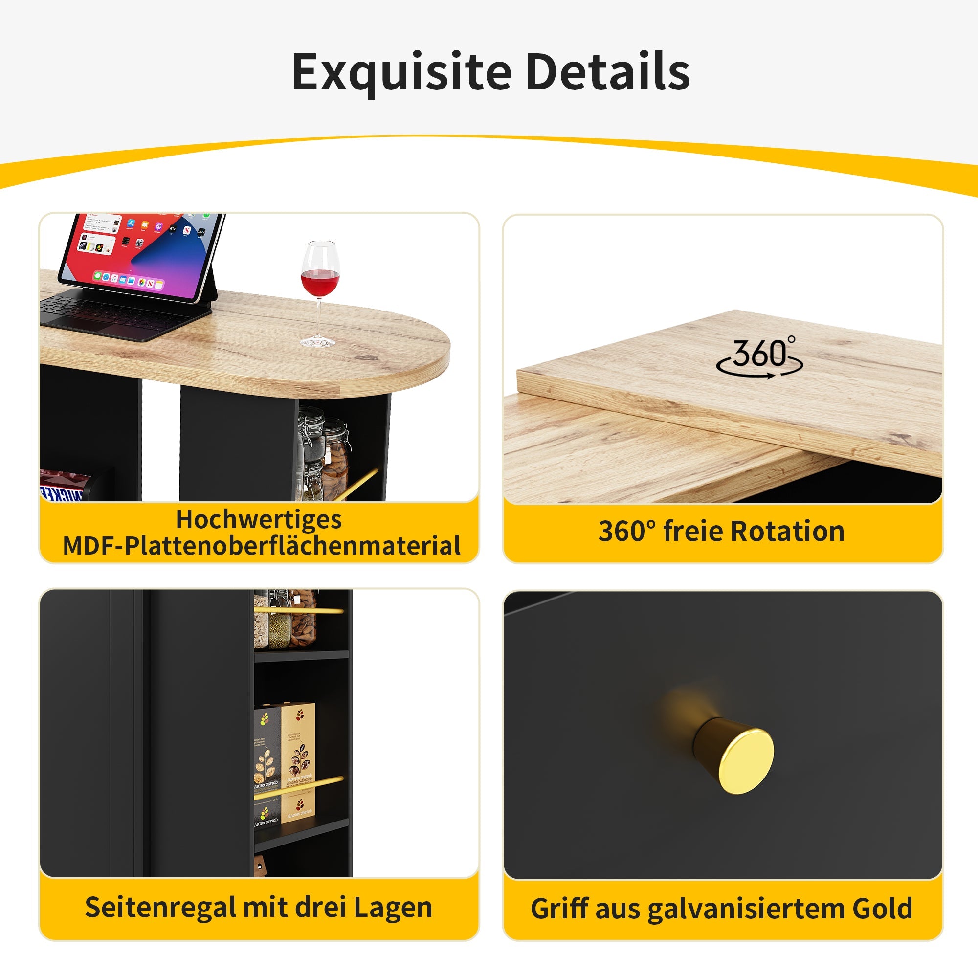 Logidon 360° draaibare bartafel 138 cm zwart met 2 lades