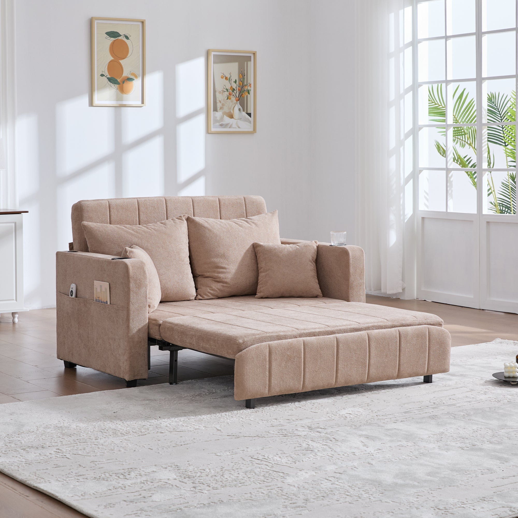 Logidon multifunctionele stoffen bank Khaki Velvet met USB-oplaadfunctie