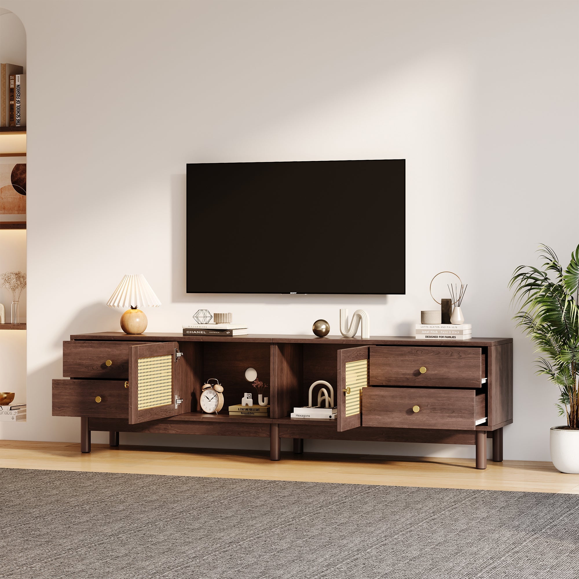 Logidon TV cabinet 180 cm dark wood look rattan doors cable management