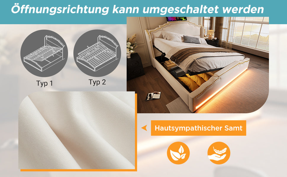 Logidon gestoffeerd bed 140x200 beige met opbergruimte LED USB-C