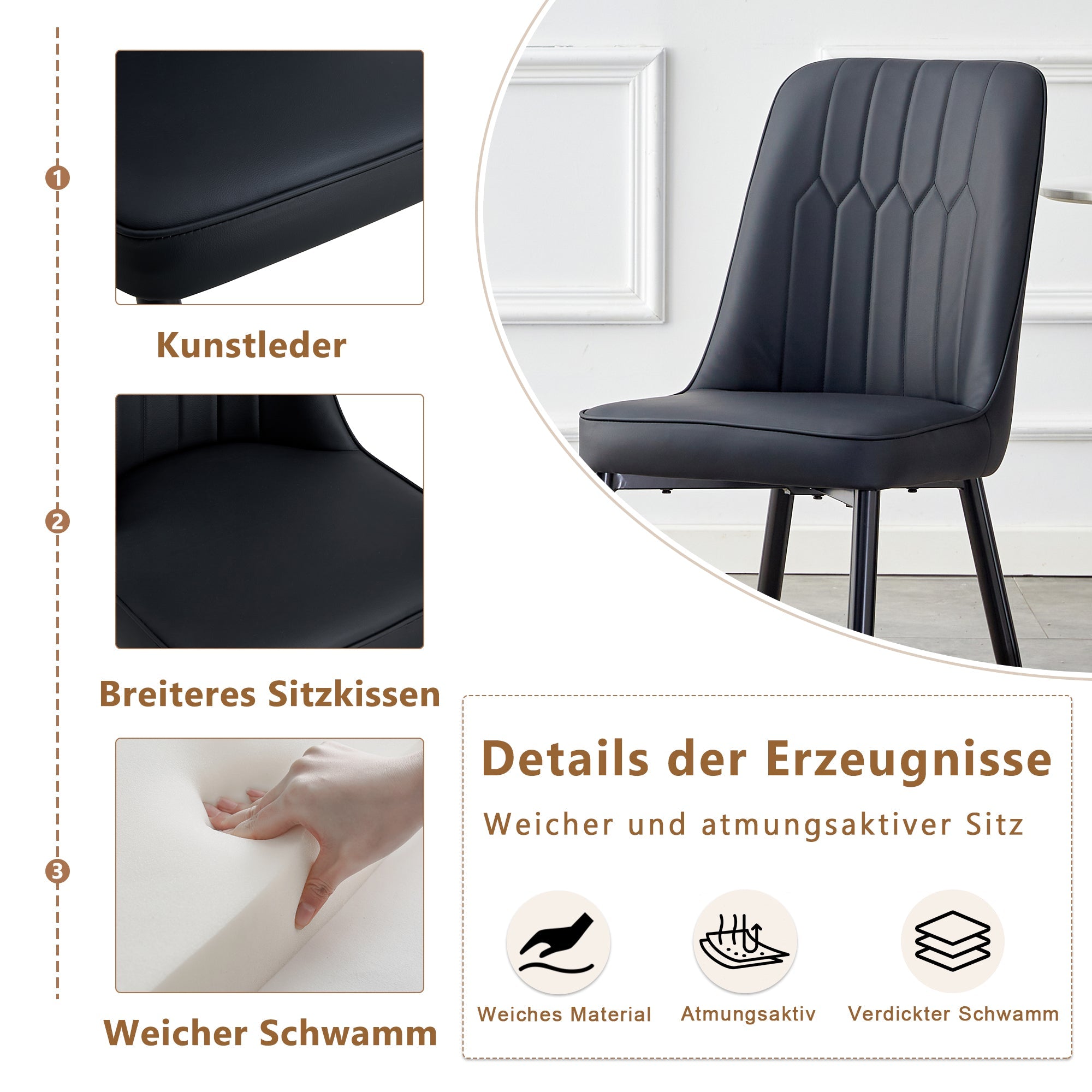 Logidon set van twee zwarte eetkamerstoelen met PU lederen rugkussens