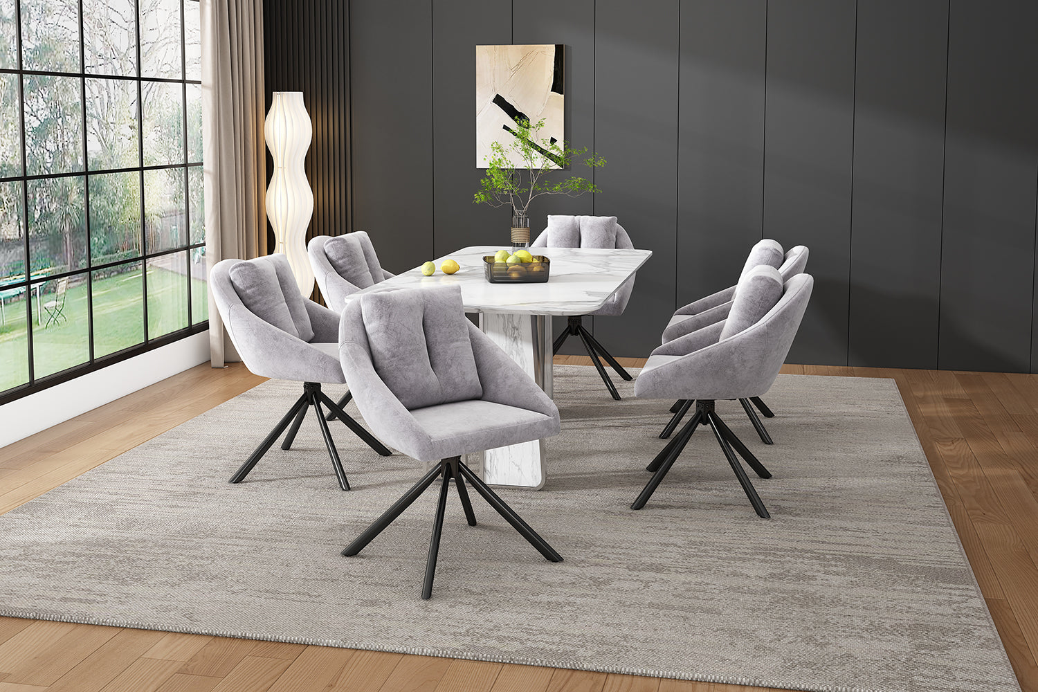 Logidon moderne grijze fluwelen stoelset van 6 ergonomische eetstoelen draaistoelen