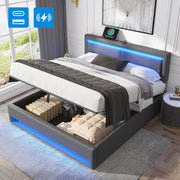 Logidon upholstered bed 140x200 gray with USB charging port LED storage space