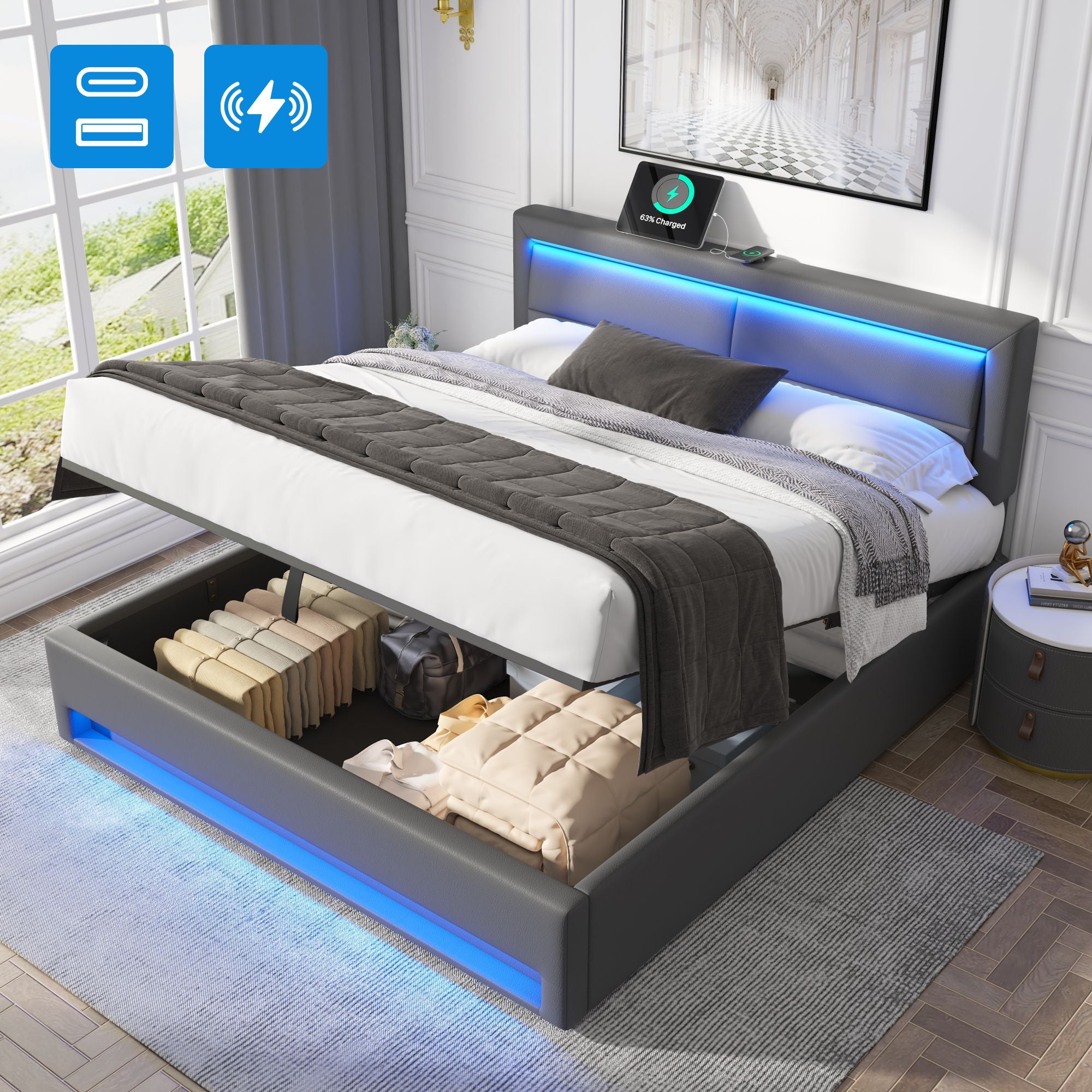 Logidon gestoffeerd bed 140x200 grijs met USB oplaadpoort LED opbergruimte
