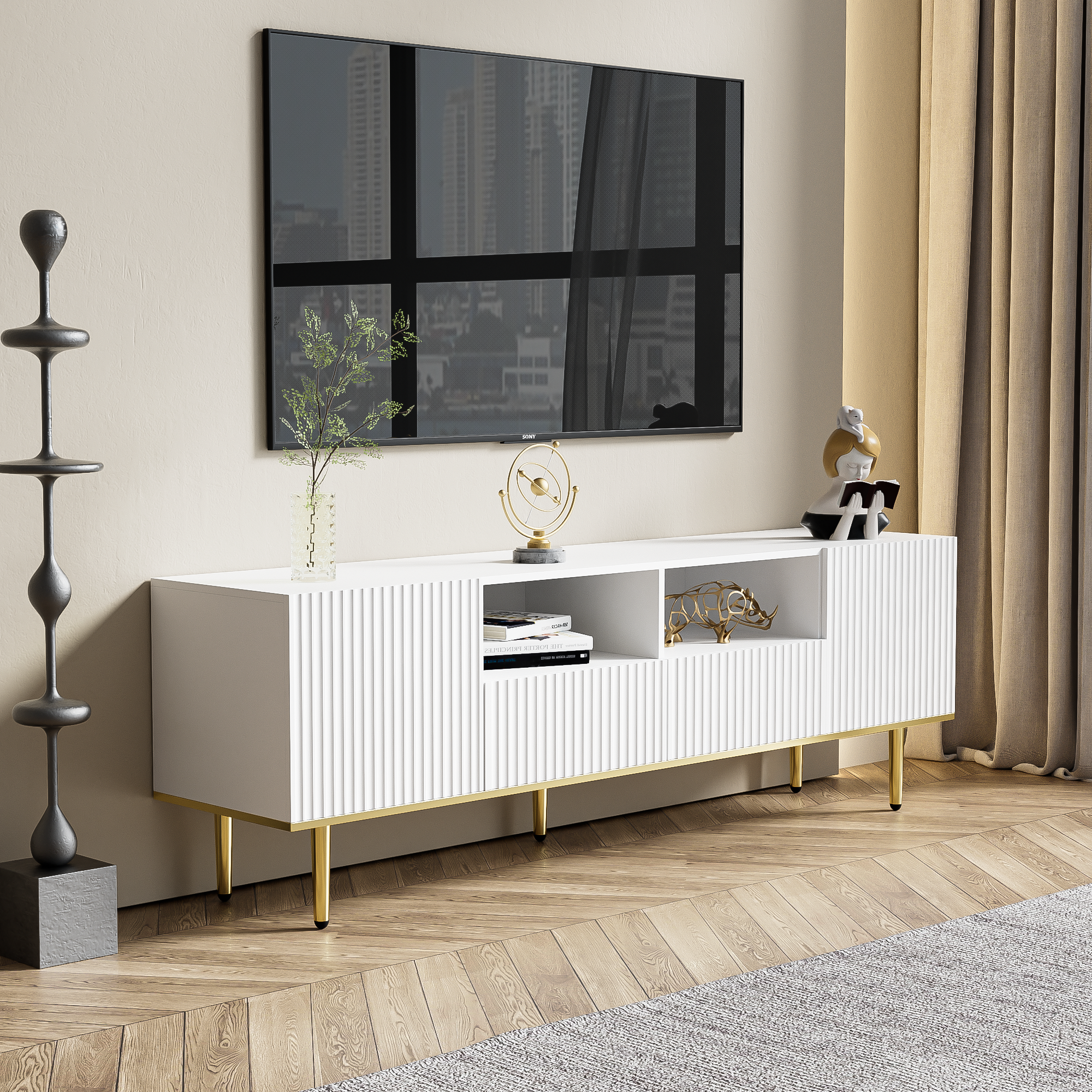 Logidon Modern tv-meubel wit met gouden poten en gouden bies