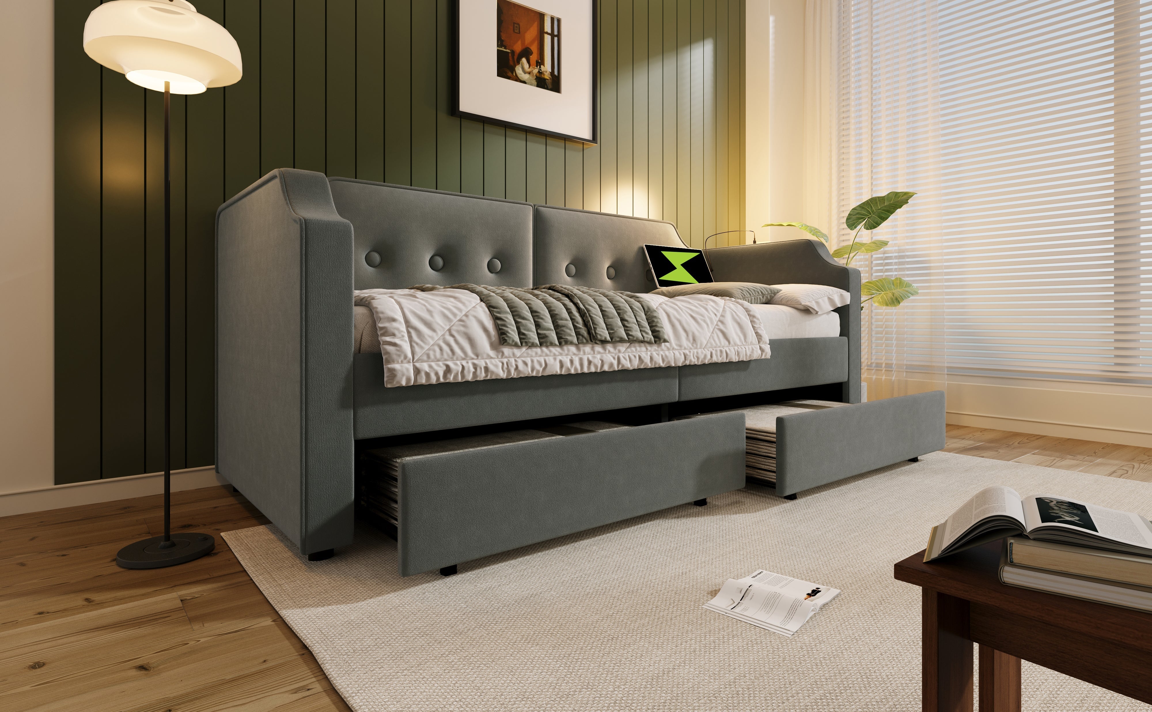 Logidon gestoffeerde slaapbank 90x200 cm fluweelgrijs USB-leeslamp
