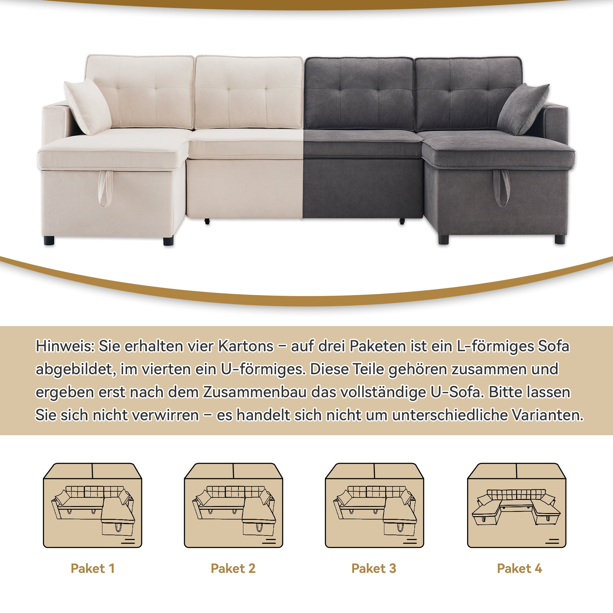 Logidon U-vormige slaapbank, beige stof, grote 4-zits bekerhouder