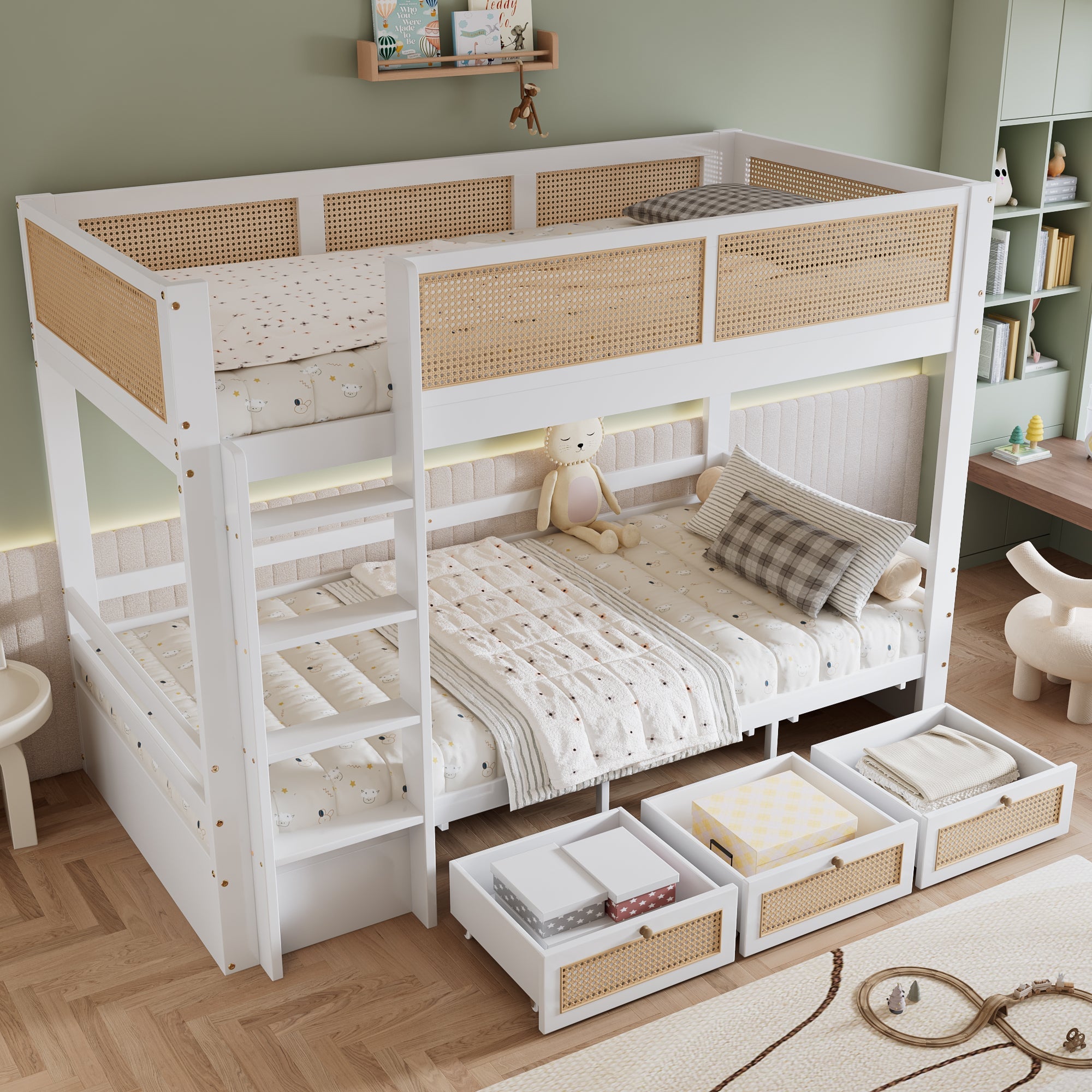 Logidon stapelbed 90x200 cm wit met rotan hekwerk drie lades
