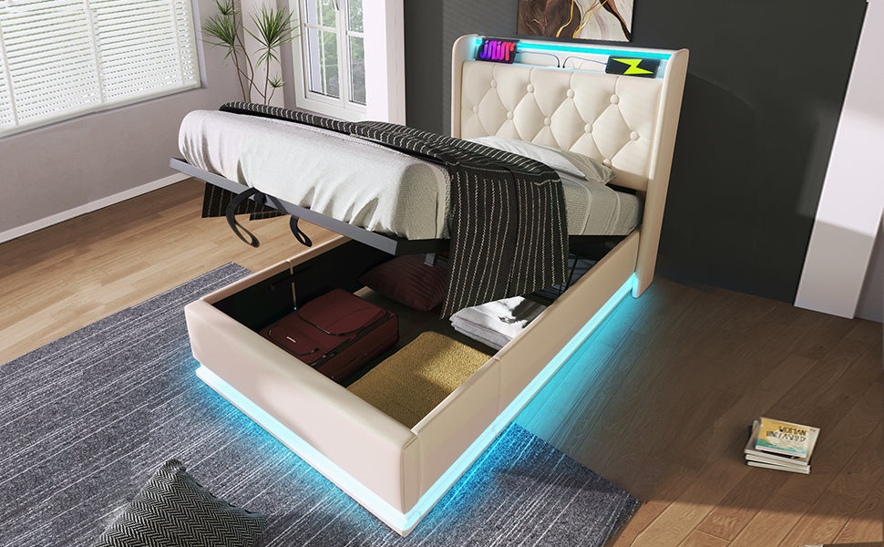 Logidon gestoffeerd bed 90x200 cm wit PU LED USB TypeC oplaadfunctie