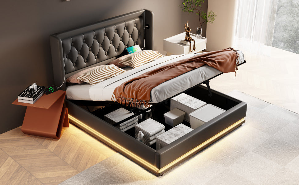 Logidon gestoffeerd bed 140x200 cm zwart PU met opbergruimte USB-C LED
