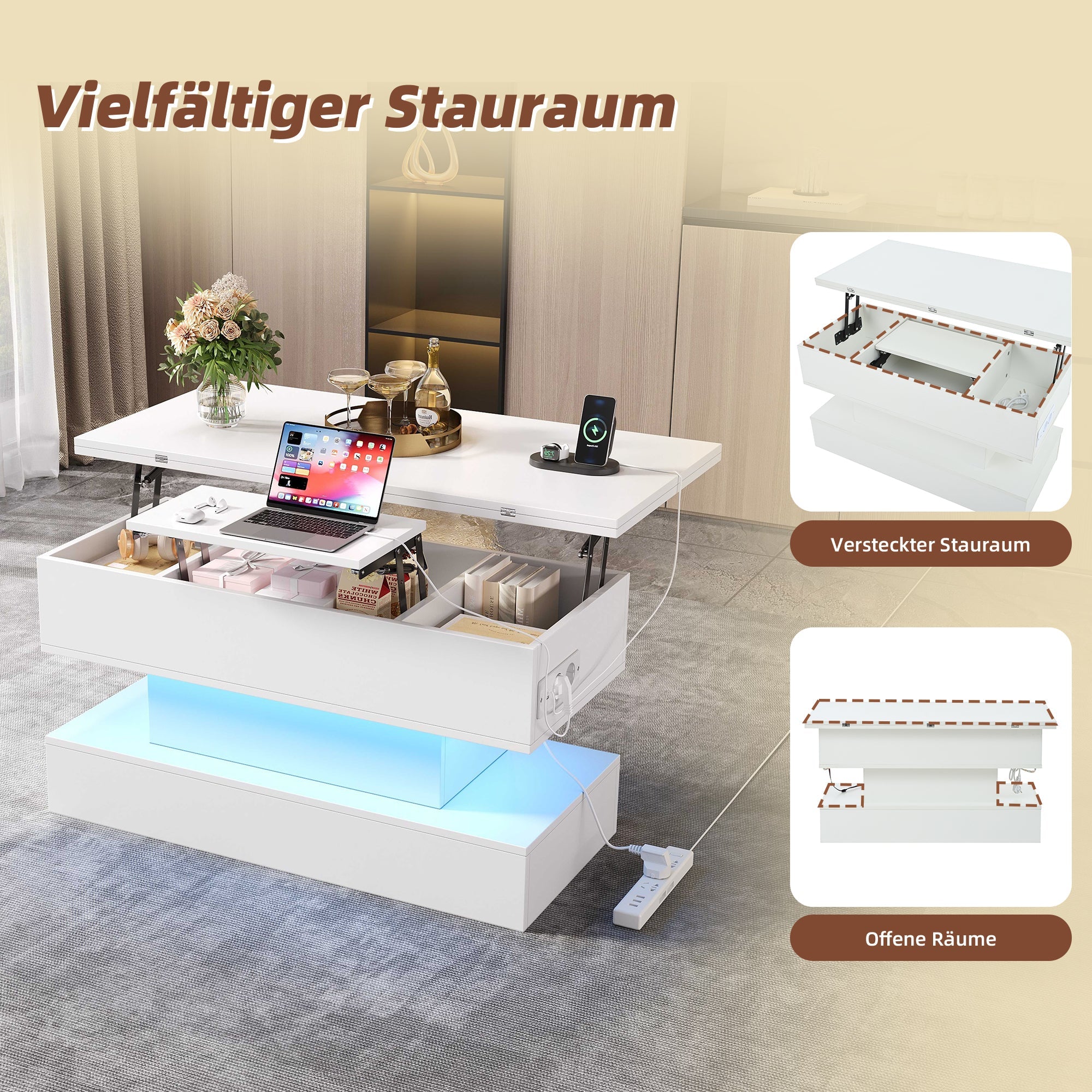 Logidon salontafel met USB-C oplaadaansluiting en LED-licht, in hoogte verstelbaar