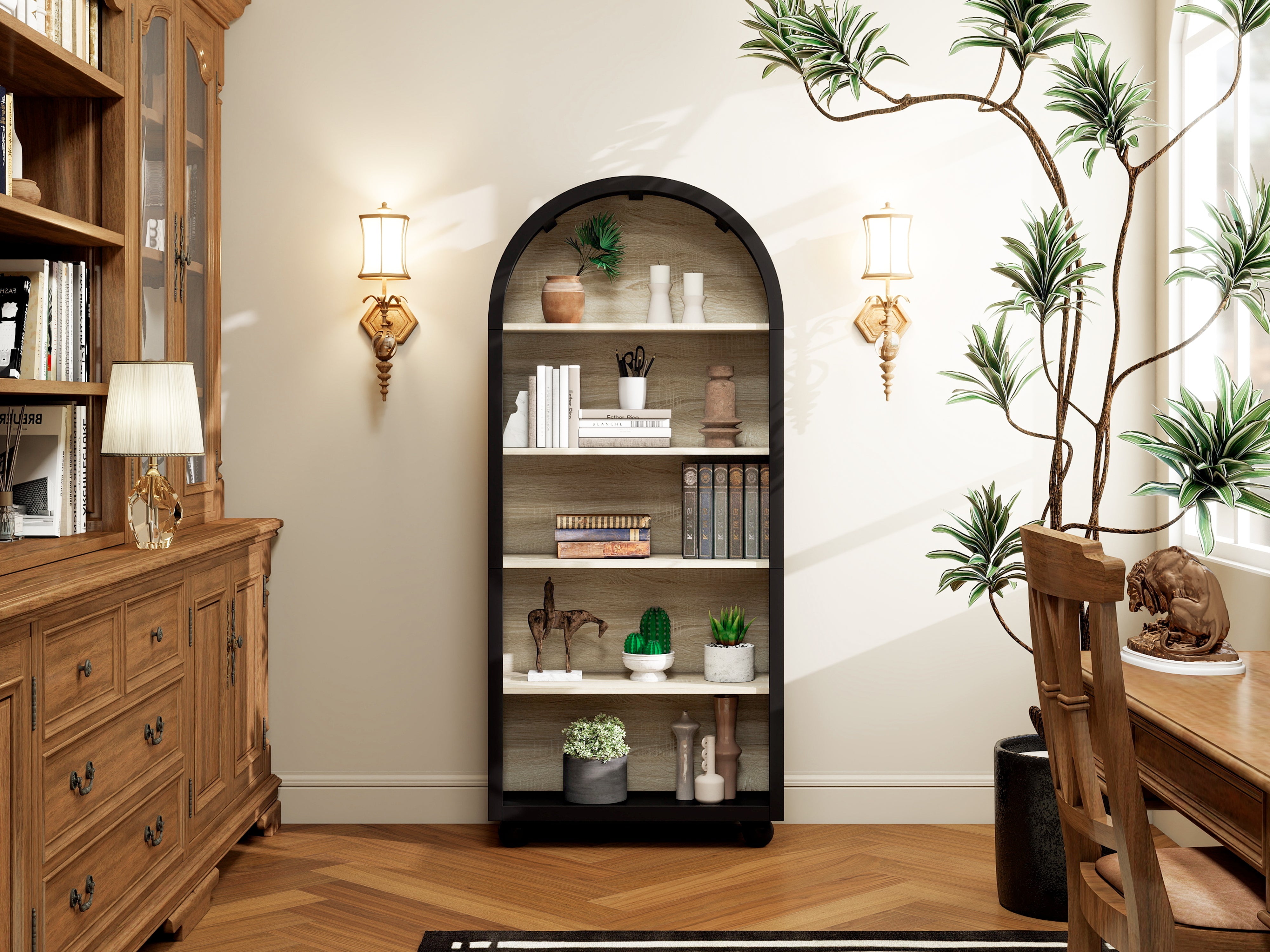 Logidon boekenkast metalen frame zwart naturel hout 70,5 x 30 x 161 cm