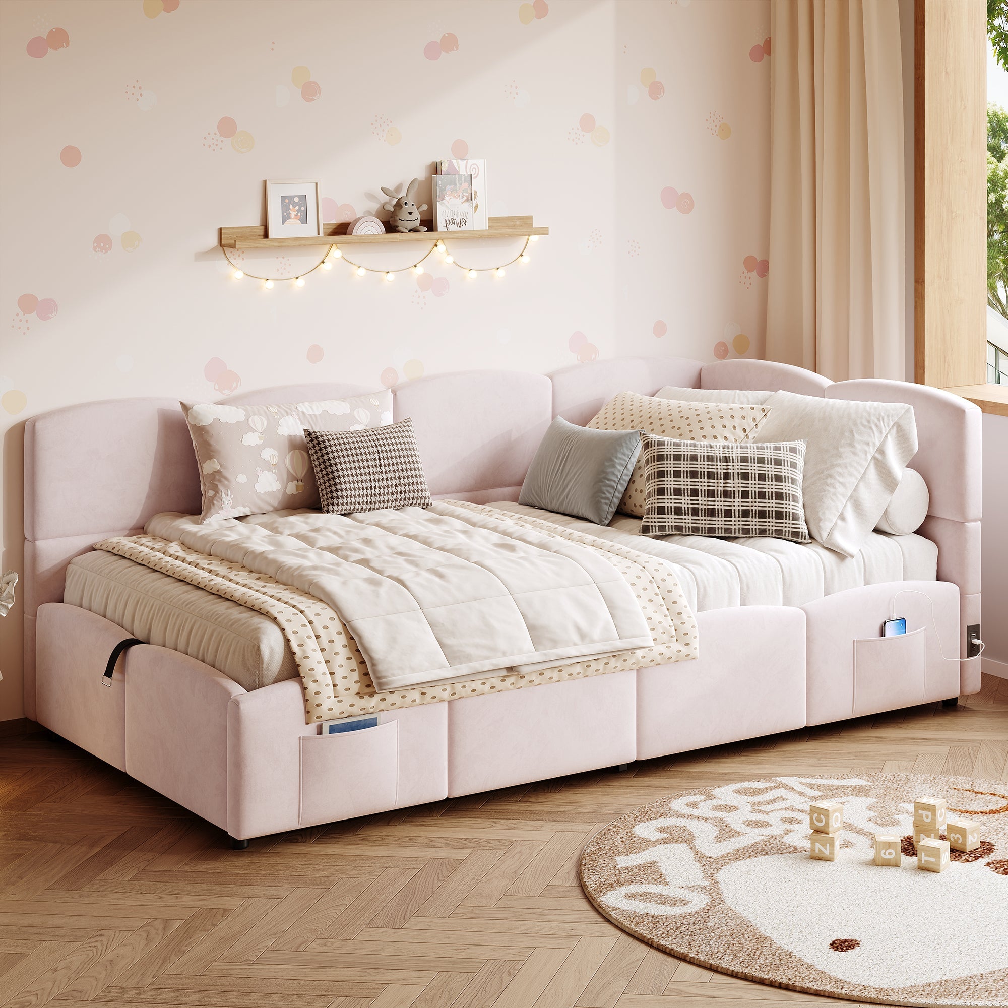 Logidon fluweel gestoffeerd bed roze 90x200 met lattenbodem en opbergruimte