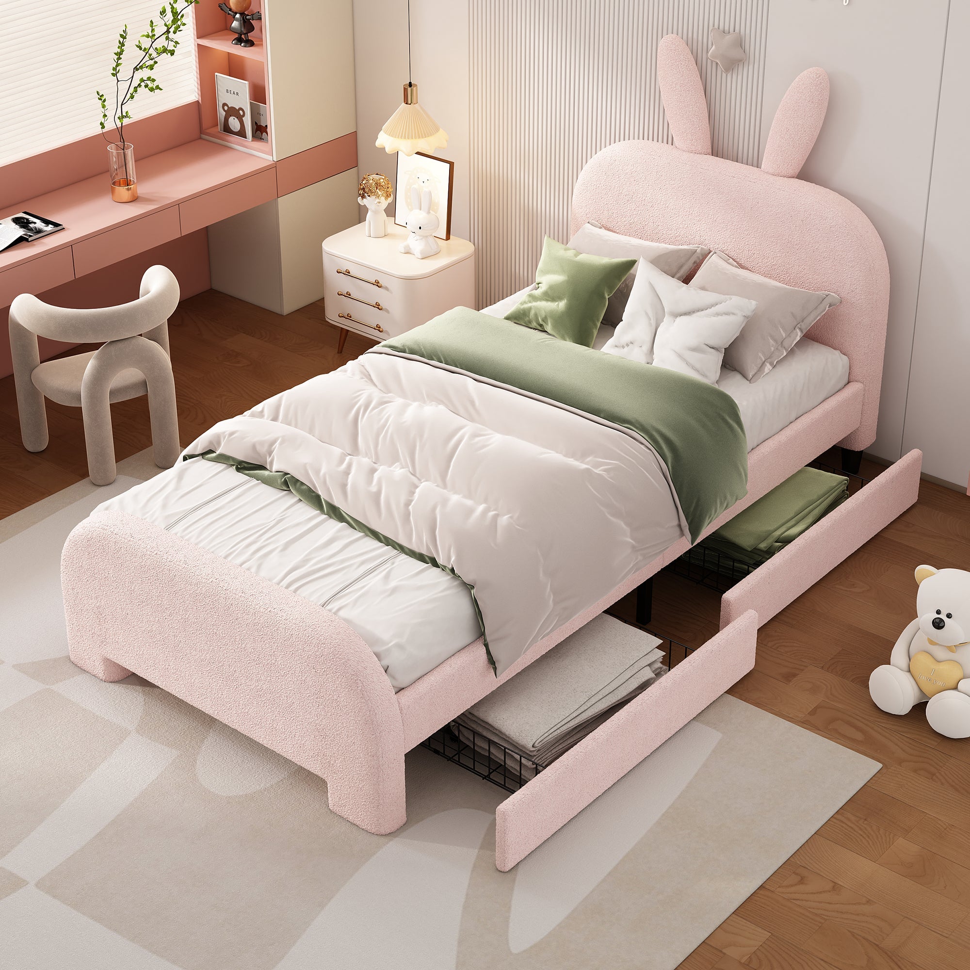 Logidon 90x200 Pink Flat Bed With Cartoon Rabbit Shape