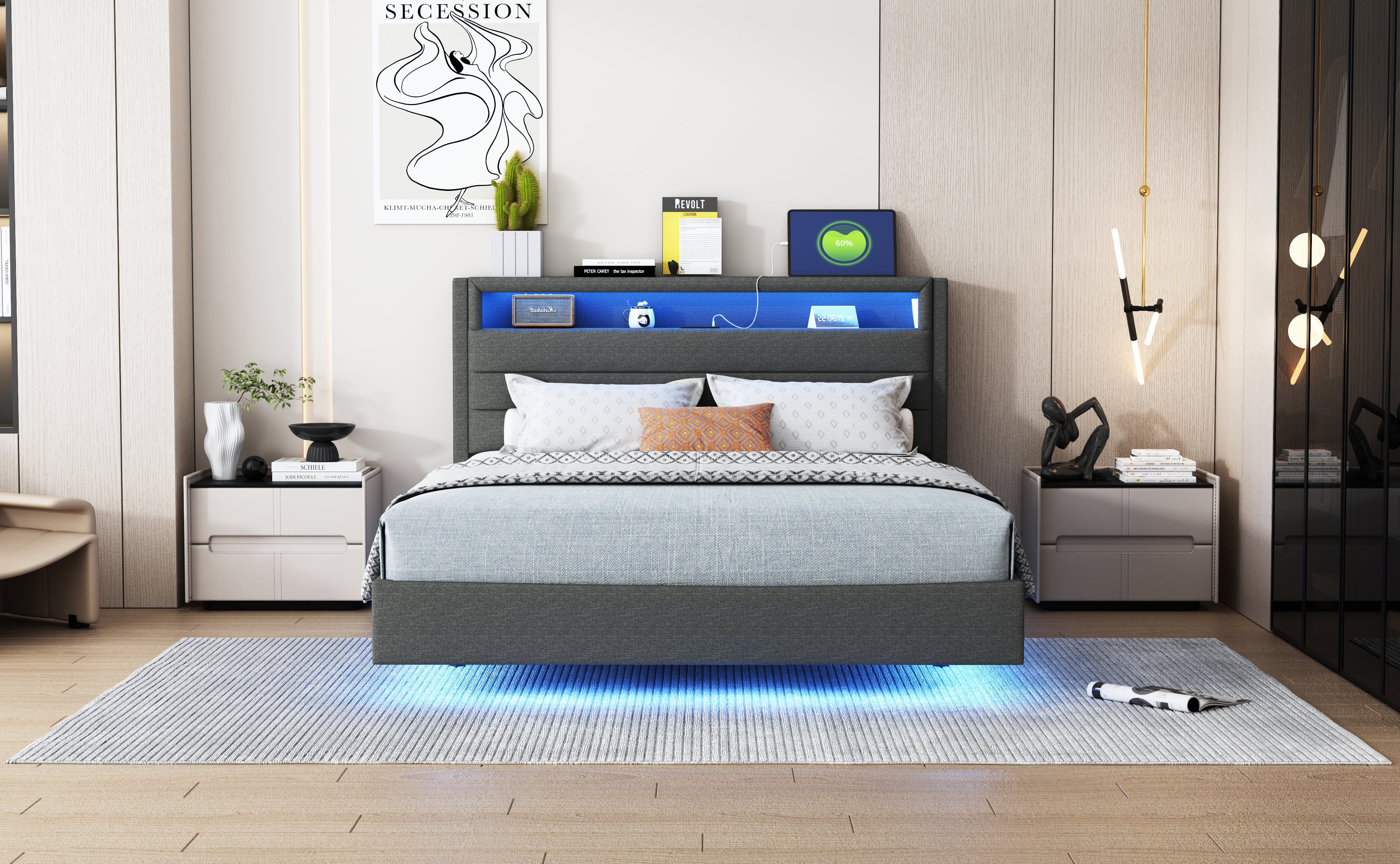 Logidon bed 140x200 cm grijs USB-aansluiting LED omkeerbaar hoofdeinde