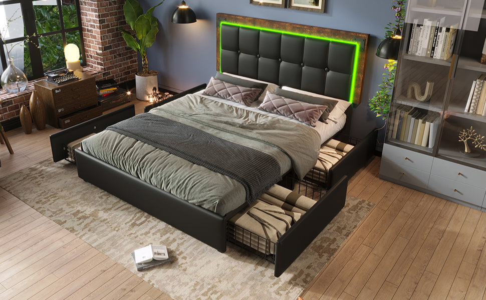 Logidon bedframe 140x200 met LED-verlichting 4 lades zwart