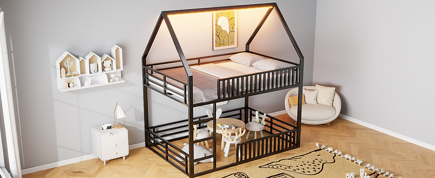 Logidon House stapelbed 140x200 met hekwerk en LED-licht zwart