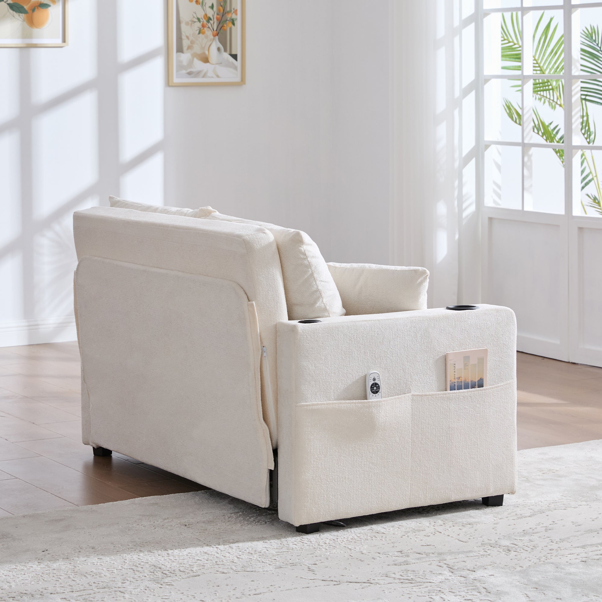 Logidon Beige Fluweel Multifunctionele Stoffen Bank Uitschuifbaar USB