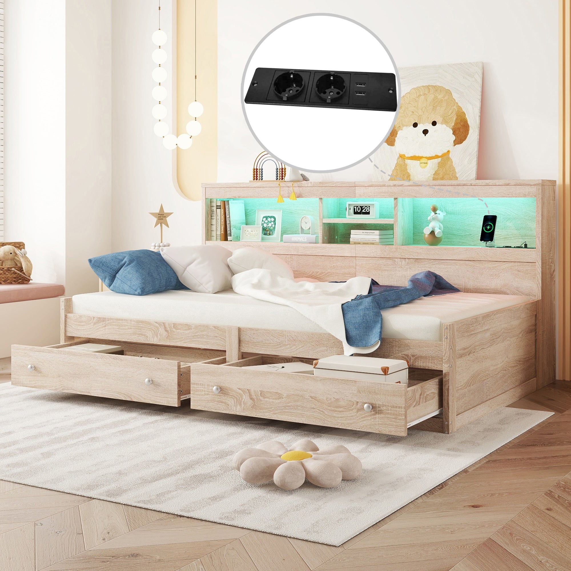 Logidon Daybed 90x200cm slaapbank met sfeerverlichting USB naturel