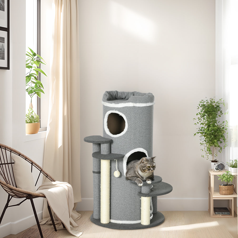 Logidon kattenkrabton 99 cm met kattenmand en speelbal grijs