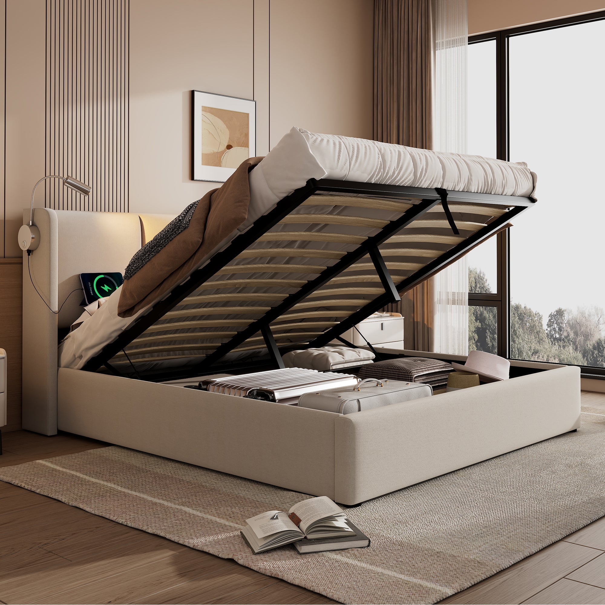 Logidon gestoffeerd bed 140x200 beige linnen opbergruimte met USB leeslampje