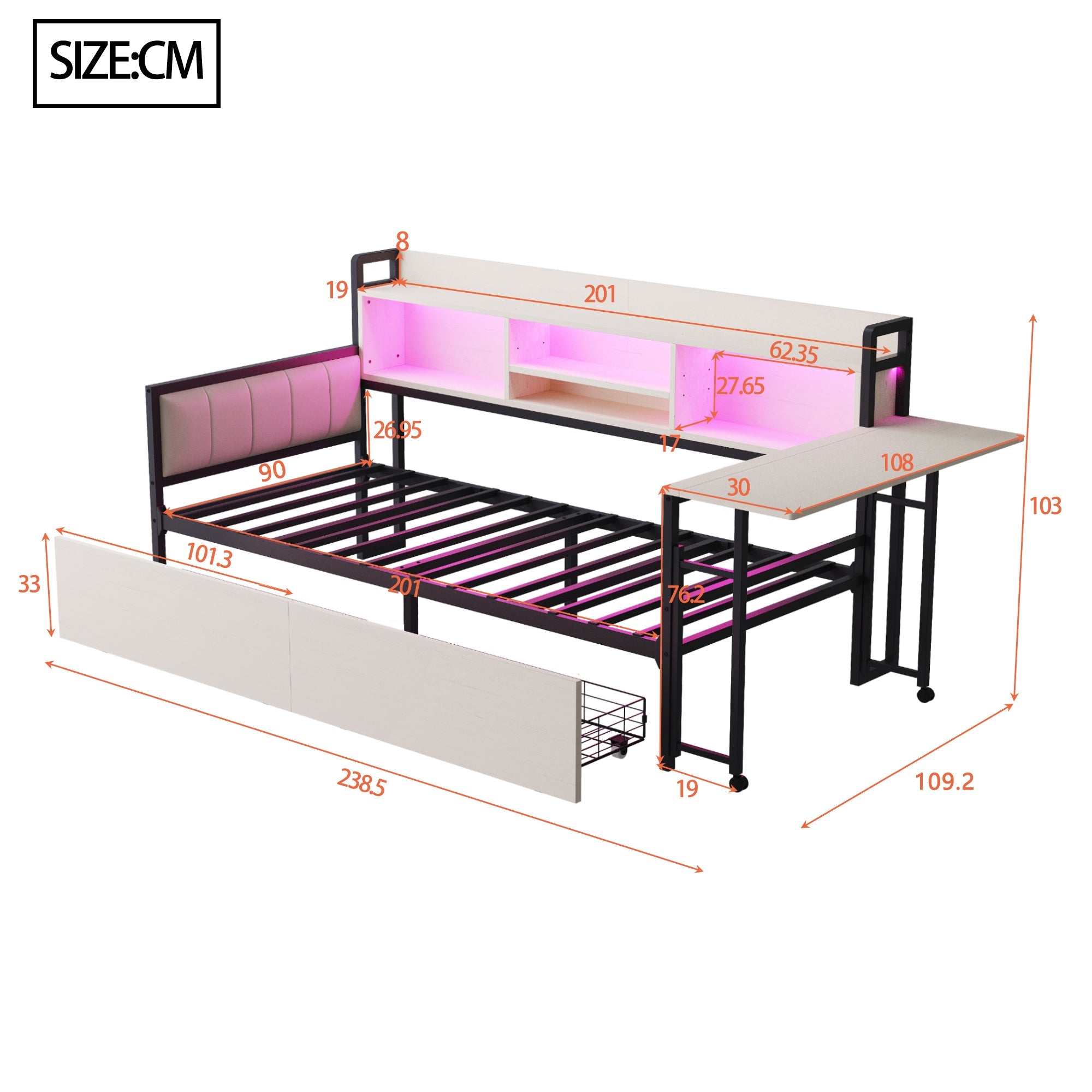 Logidon ijzeren slaapbank 90x200 cm met LED-verlichting opbergruimte wit