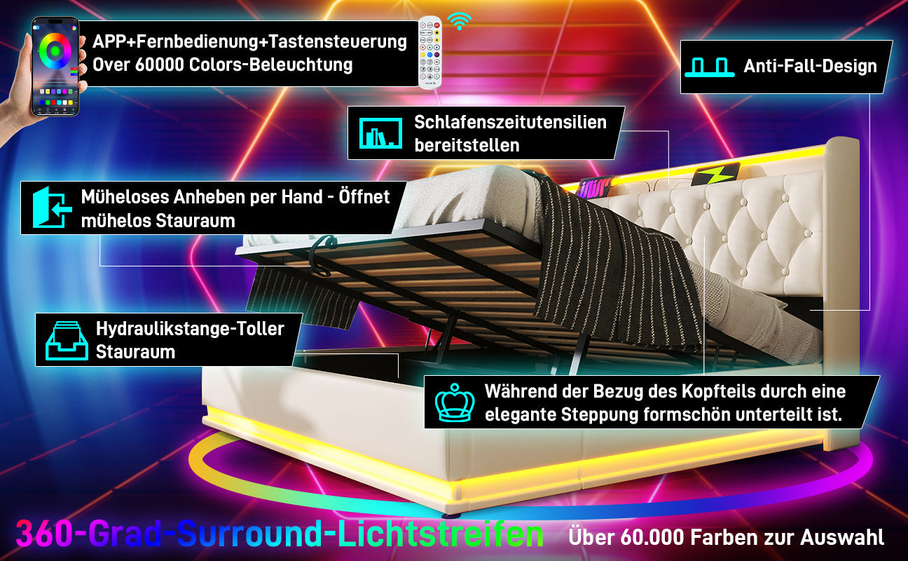 Logidon gestoffeerd bed tweepersoonsbed 180x200 cm wit PU, 360 surround LED