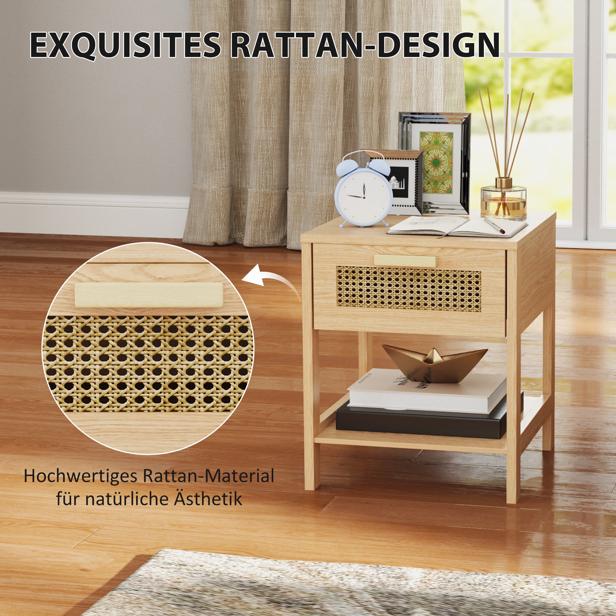Logidon nachtkastje rotan design naturel 40x40x48 cm met lade