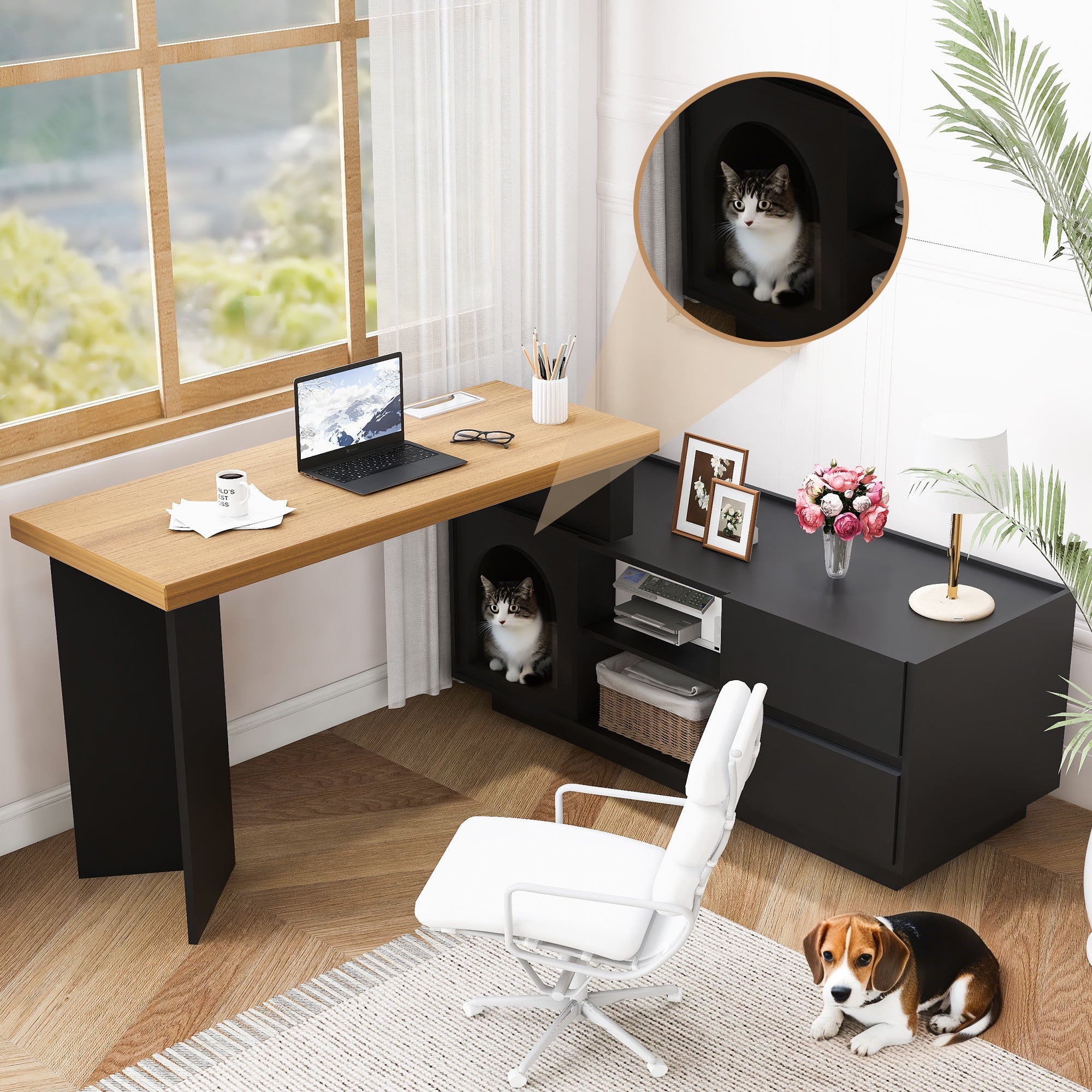 Logidon Hoekbureau met geïntegreerd dierenhok 120x50 cm MDF Zwart